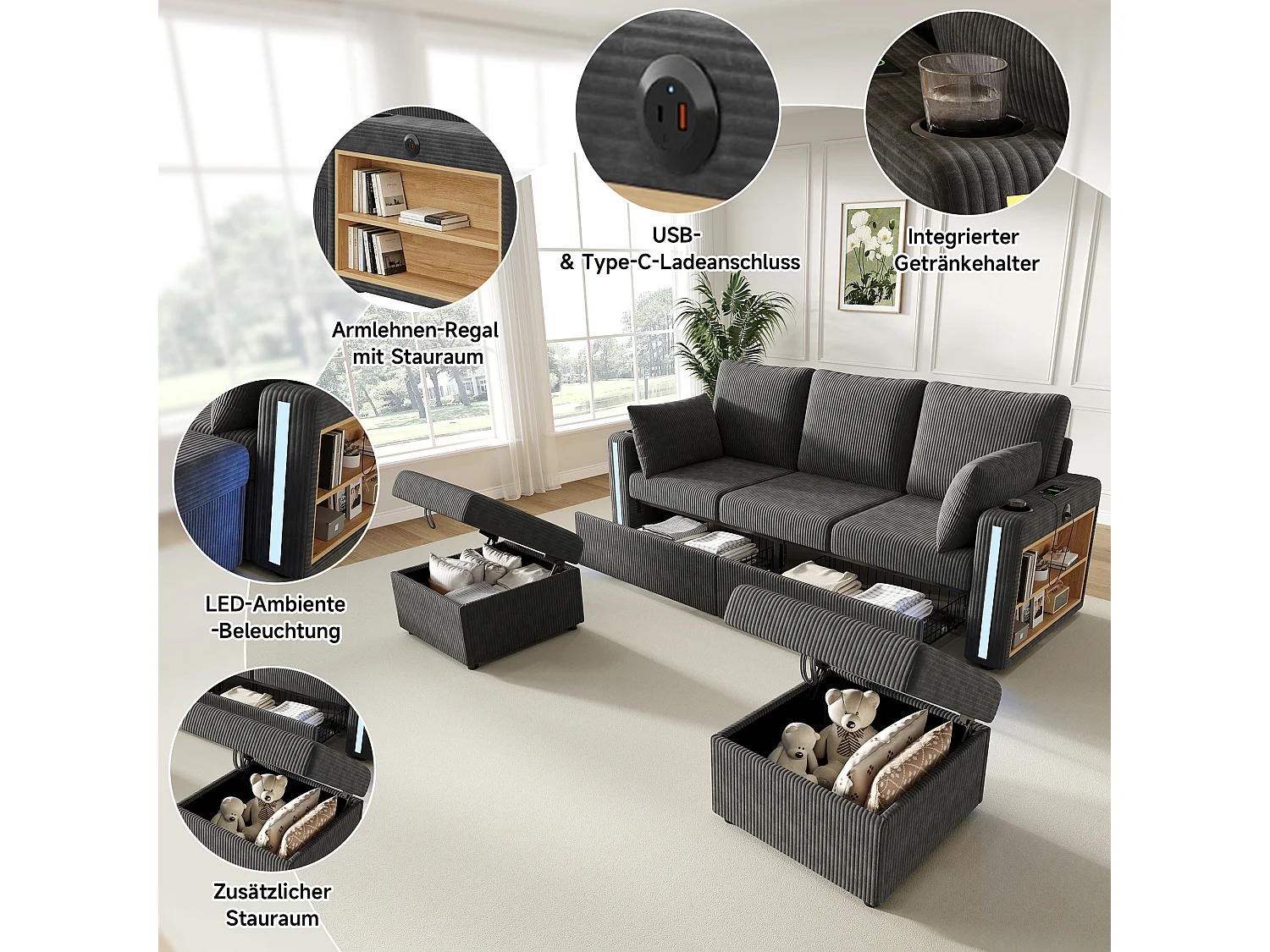 Divano angolare modulare da 5-6 posti con 2 pouf contenitore, app LED, USB/Type-C, 2 cassetti - Velluto a coste - 190 x 130 x 85 cm - Grigio
