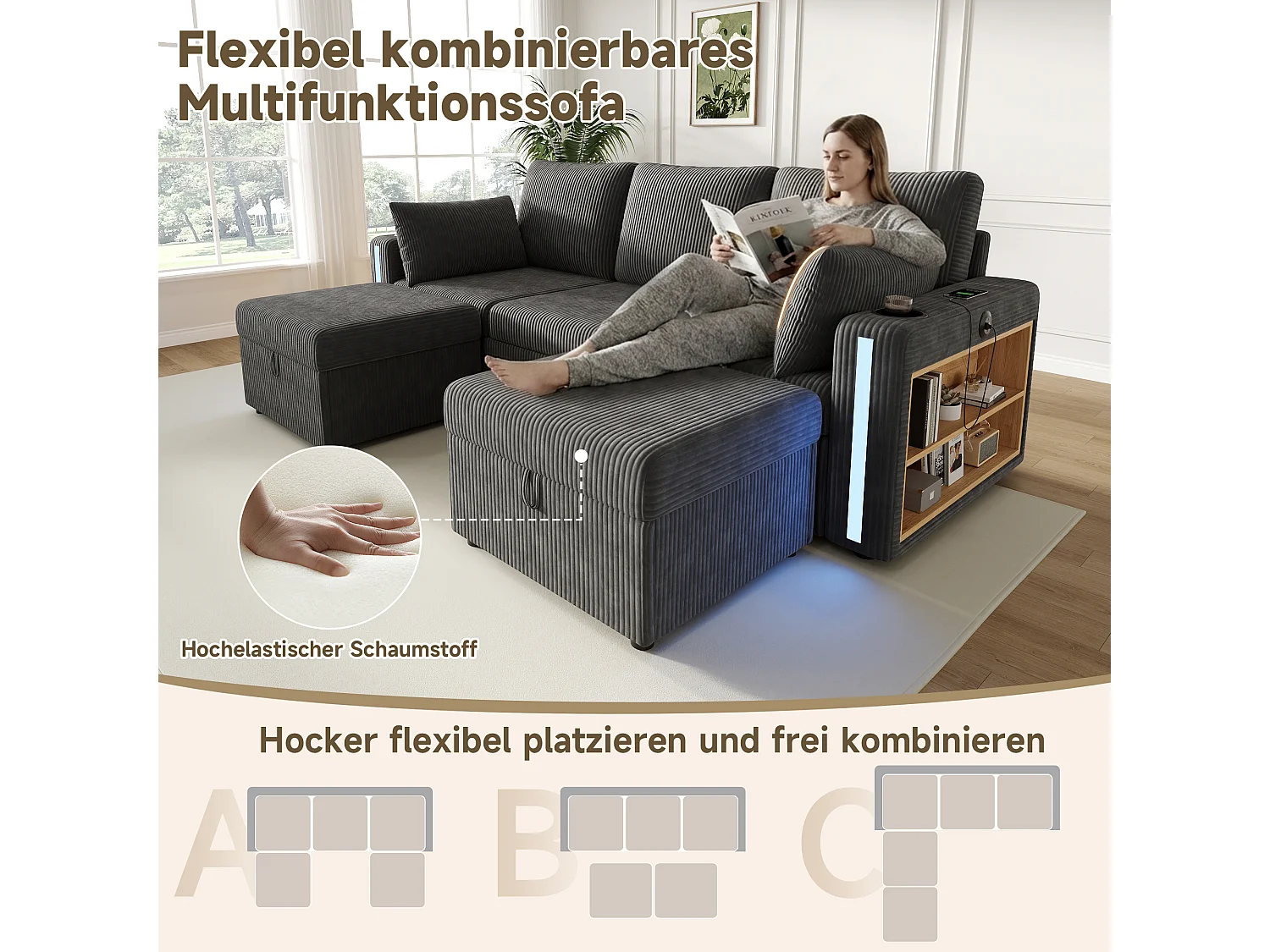 Divano angolare modulare da 5-6 posti con 2 pouf contenitore, app LED, USB/Type-C, 2 cassetti - Velluto a coste - 190 x 130 x 85 cm - Grigio