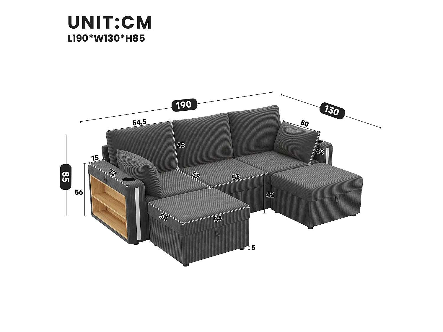 Divano angolare modulare da 5-6 posti con 2 pouf contenitore, app LED, USB/Type-C, 2 cassetti - Velluto a coste - 190 x 130 x 85 cm - Grigio