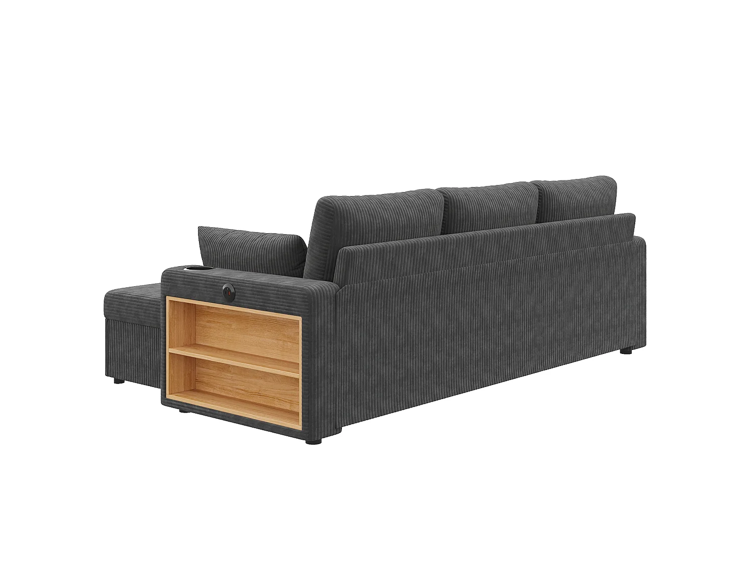 Divano angolare modulare da 5-6 posti con 2 pouf contenitore, app LED, USB/Type-C, 2 cassetti - Velluto a coste - 190 x 130 x 85 cm - Grigio
