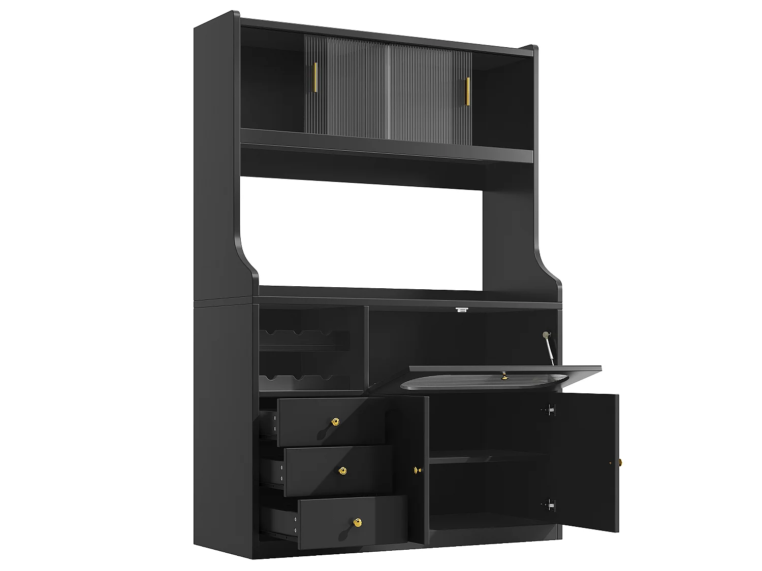 Buffet haut de cuisine avec LED, 5 portes, 3 tiroirs et casier à vin - MDF, verre et métal - 120 × 40 × 180 cm - Noir