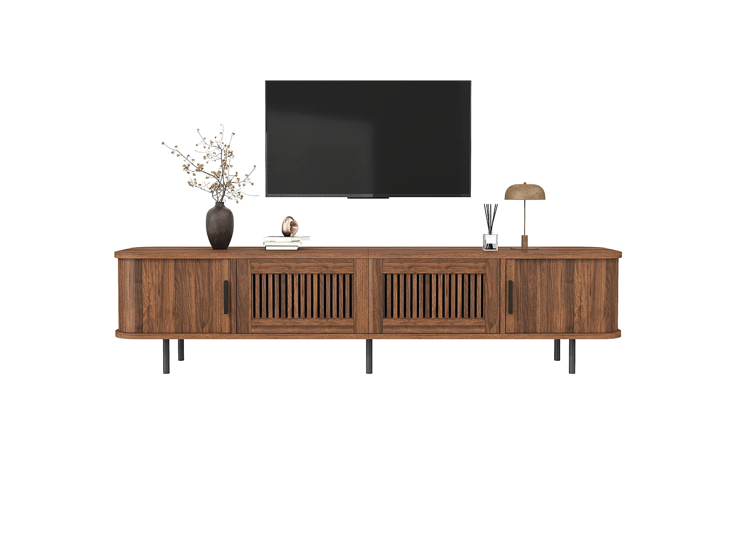 Låg TV-möbel 180 cm med 2 lådor, 2 skjutdörrar och LED-belysning - MDF och spånskiva - 180 x 40 x 44,5 cm - Valnöt