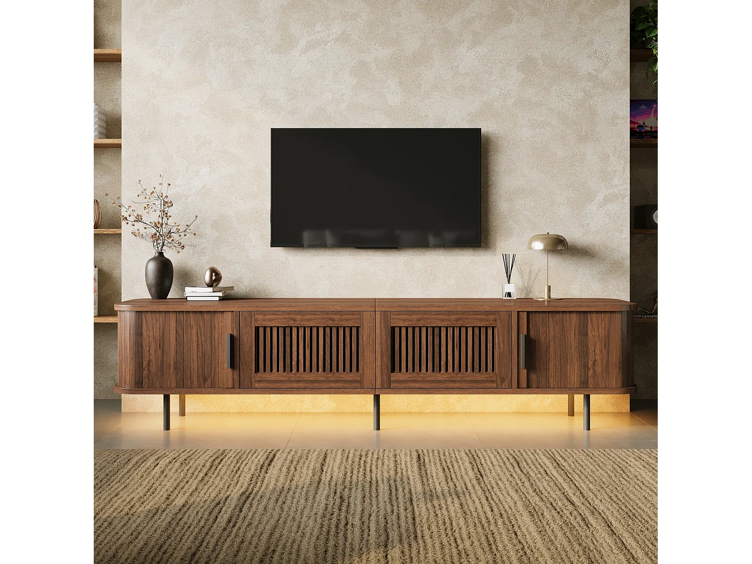 Låg TV-möbel 180 cm med 2 lådor, 2 skjutdörrar och LED-belysning - MDF och spånskiva - 180 x 40 x 44,5 cm - Valnöt