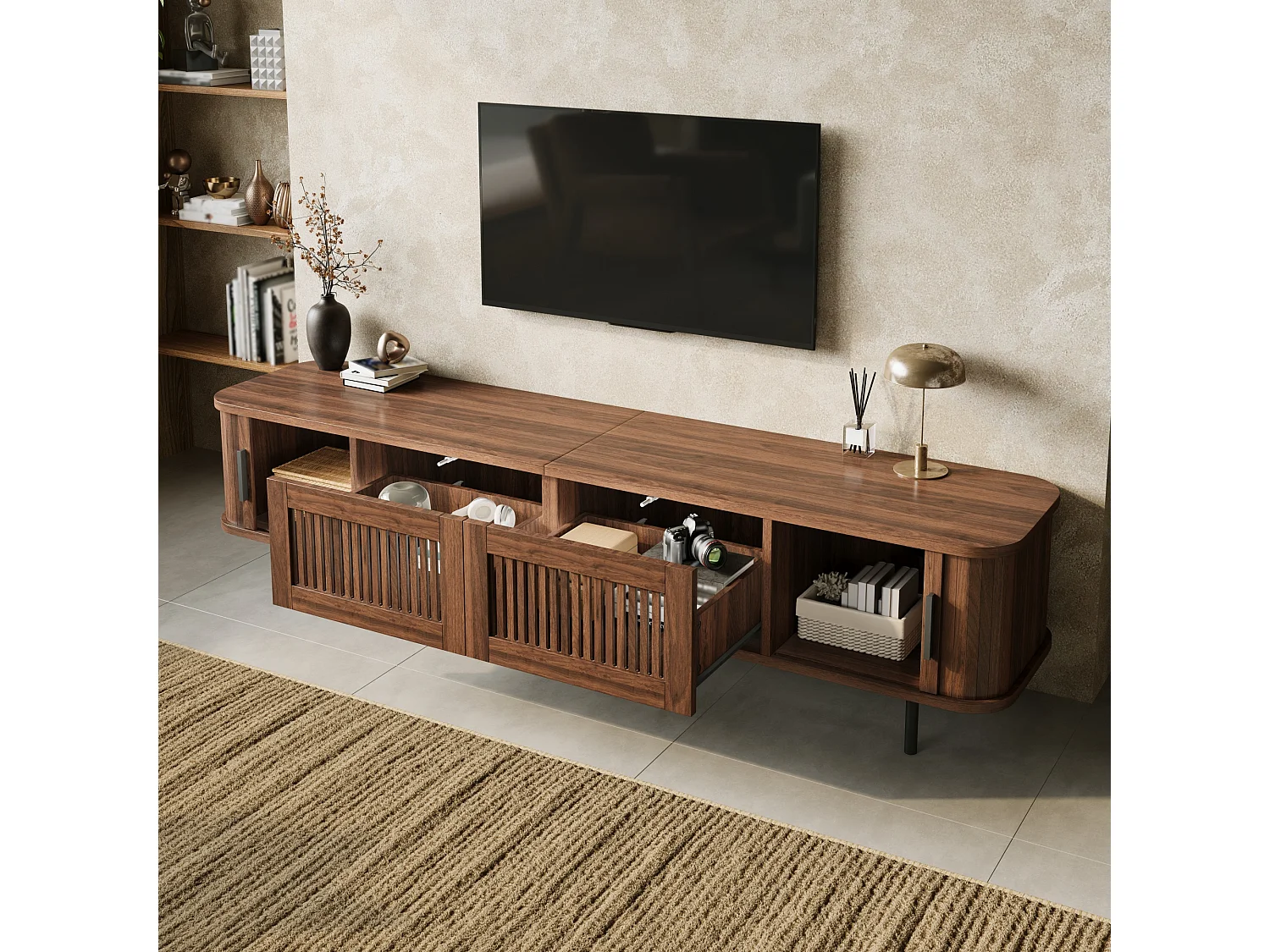 Låg TV-möbel 180 cm med 2 lådor, 2 skjutdörrar och LED-belysning - MDF och spånskiva - 180 x 40 x 44,5 cm - Valnöt