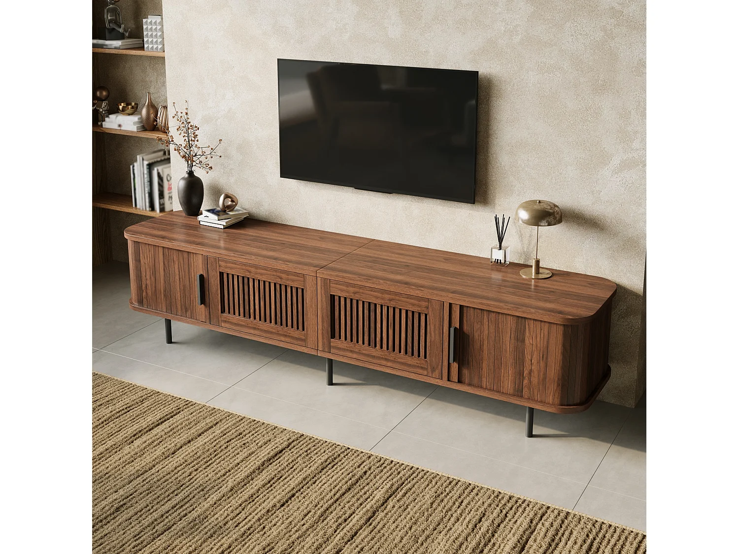 Låg TV-möbel 180 cm med 2 lådor, 2 skjutdörrar och LED-belysning - MDF och spånskiva - 180 x 40 x 44,5 cm - Valnöt
