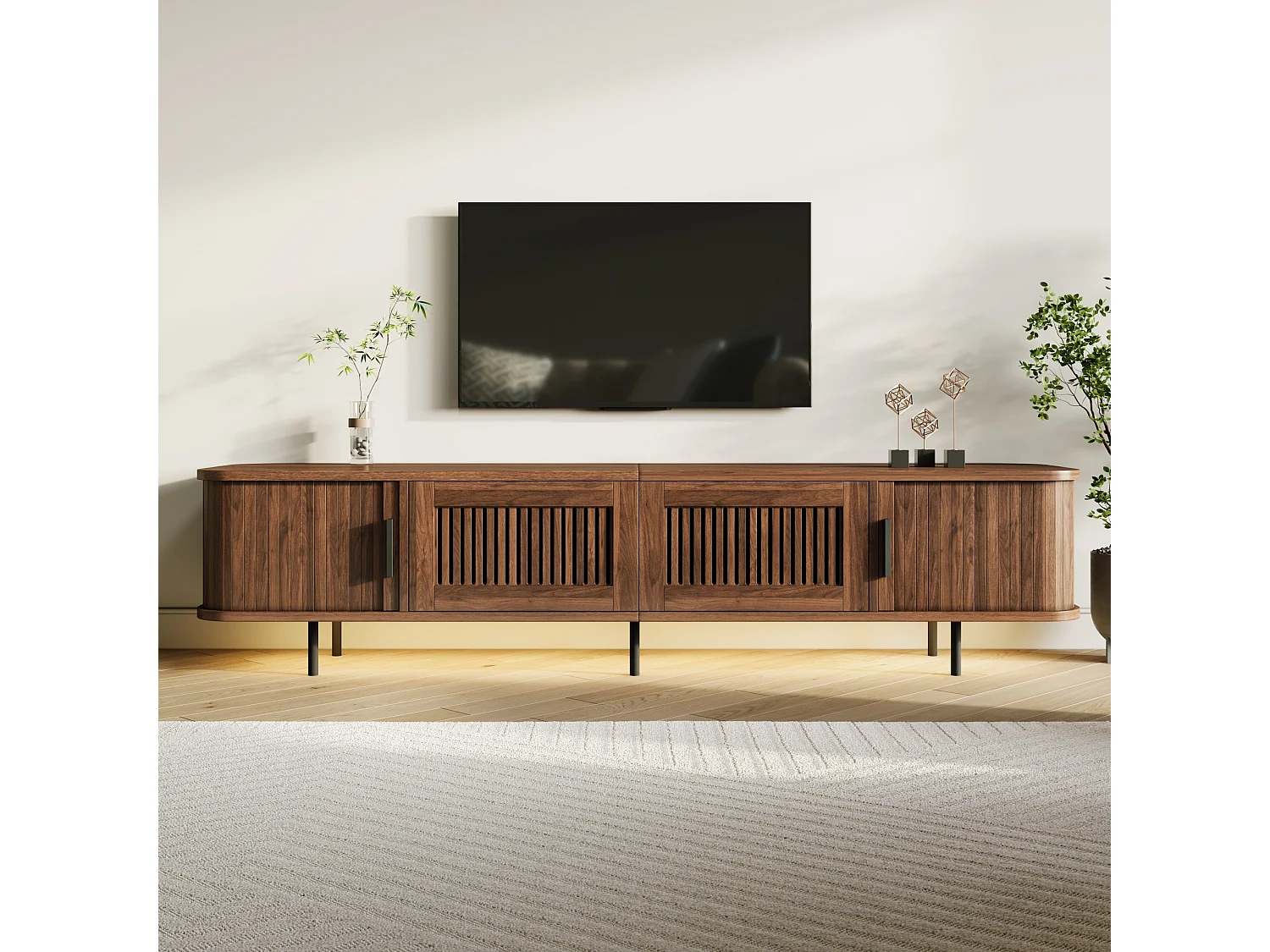 Låg TV-möbel 180 cm med 2 lådor, 2 skjutdörrar och LED-belysning - MDF och spånskiva - 180 x 40 x 44,5 cm - Valnöt
