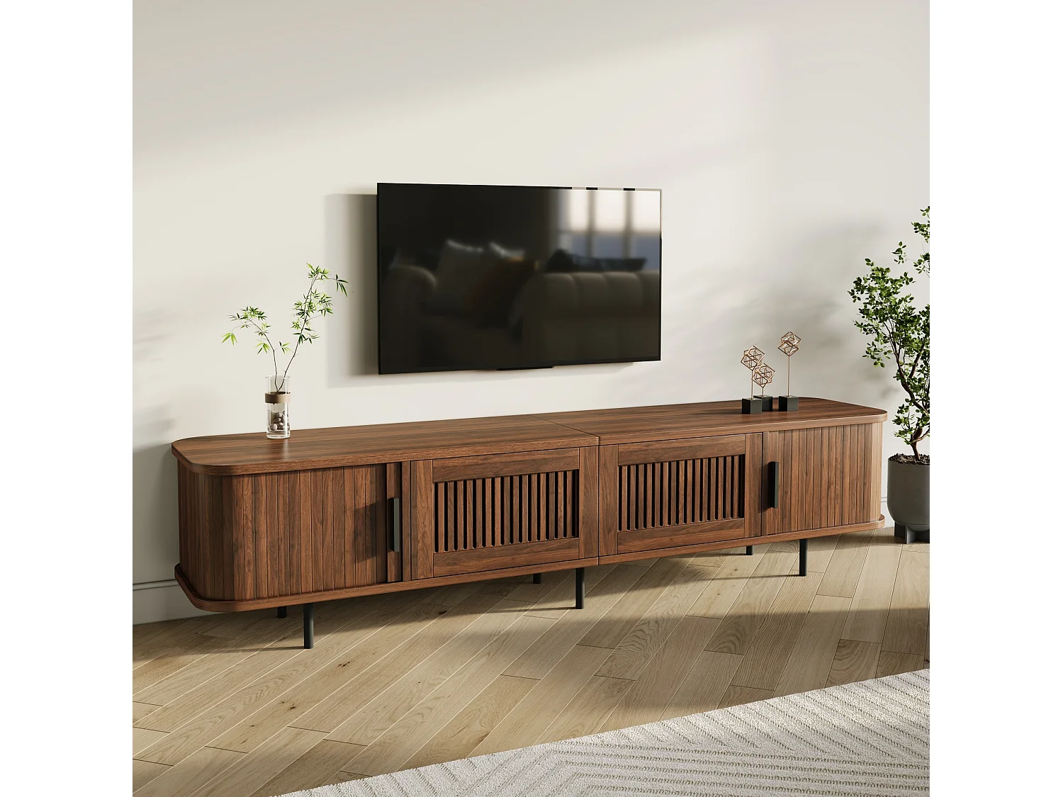 Låg TV-möbel 180 cm med 2 lådor, 2 skjutdörrar och LED-belysning - MDF och spånskiva - 180 x 40 x 44,5 cm - Valnöt