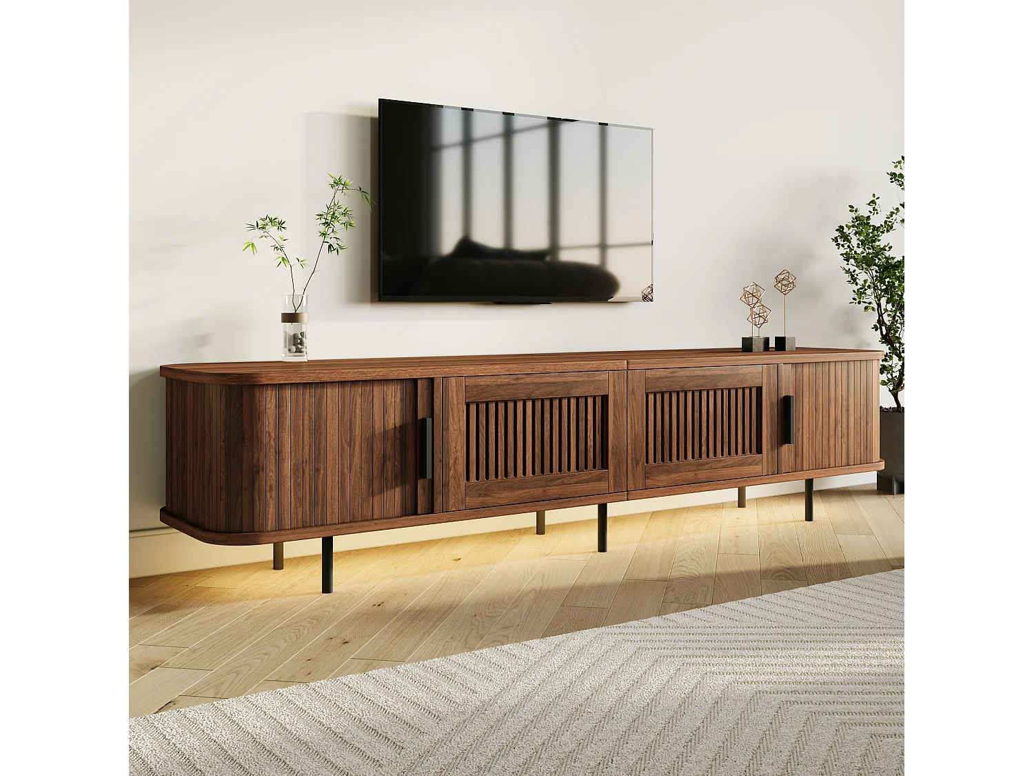 Låg TV-möbel 180 cm med 2 lådor, 2 skjutdörrar och LED-belysning - MDF och spånskiva - 180 x 40 x 44,5 cm - Valnöt