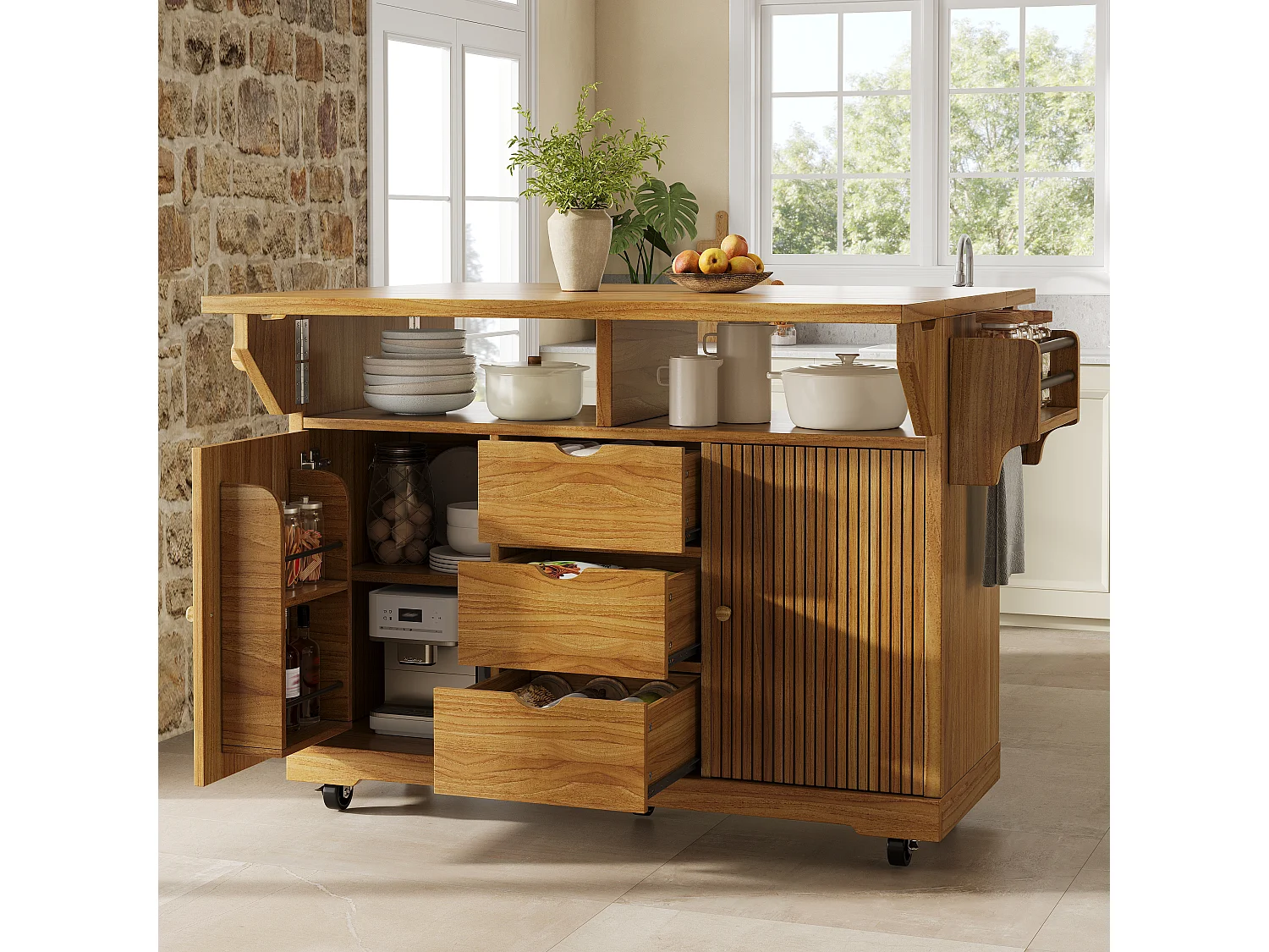 Keukentrolley met uitklapbare verlengstukken, 3 lades en vergrendelbare wielen - MDF en metaal - 142,5 × 80 × 95 cm - Bruin