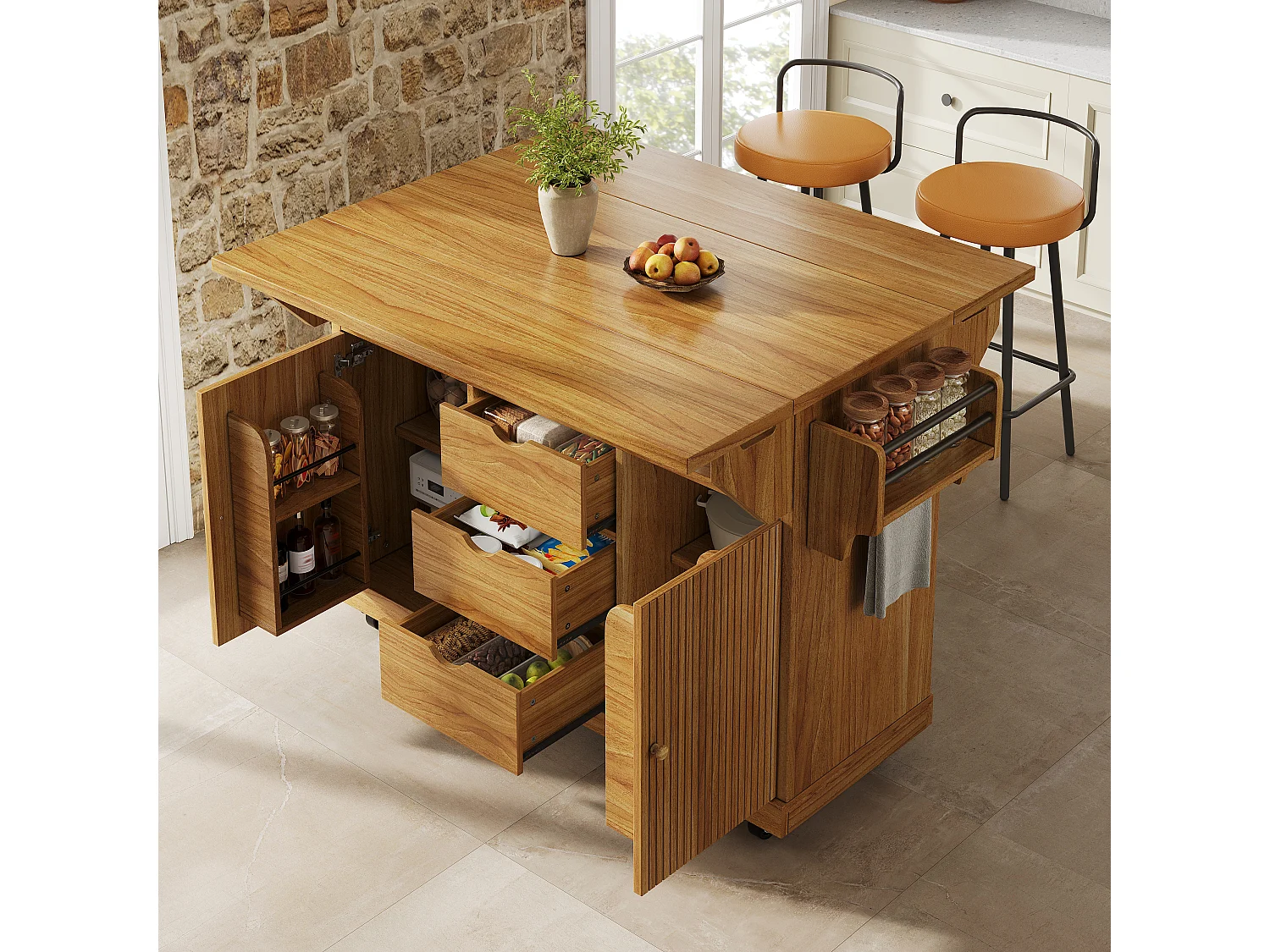 Keukentrolley met uitklapbare verlengstukken, 3 lades en vergrendelbare wielen - MDF en metaal - 142,5 × 80 × 95 cm - Bruin