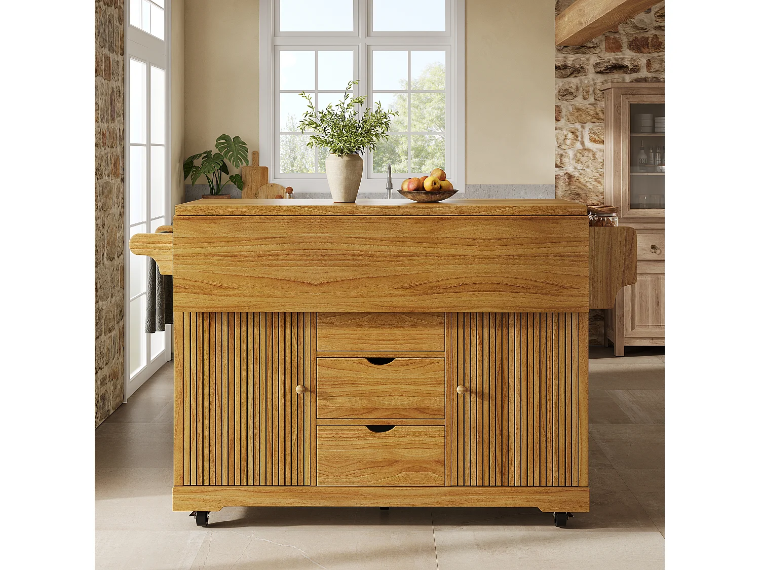 Keukentrolley met uitklapbare verlengstukken, 3 lades en vergrendelbare wielen - MDF en metaal - 142,5 × 80 × 95 cm - Bruin