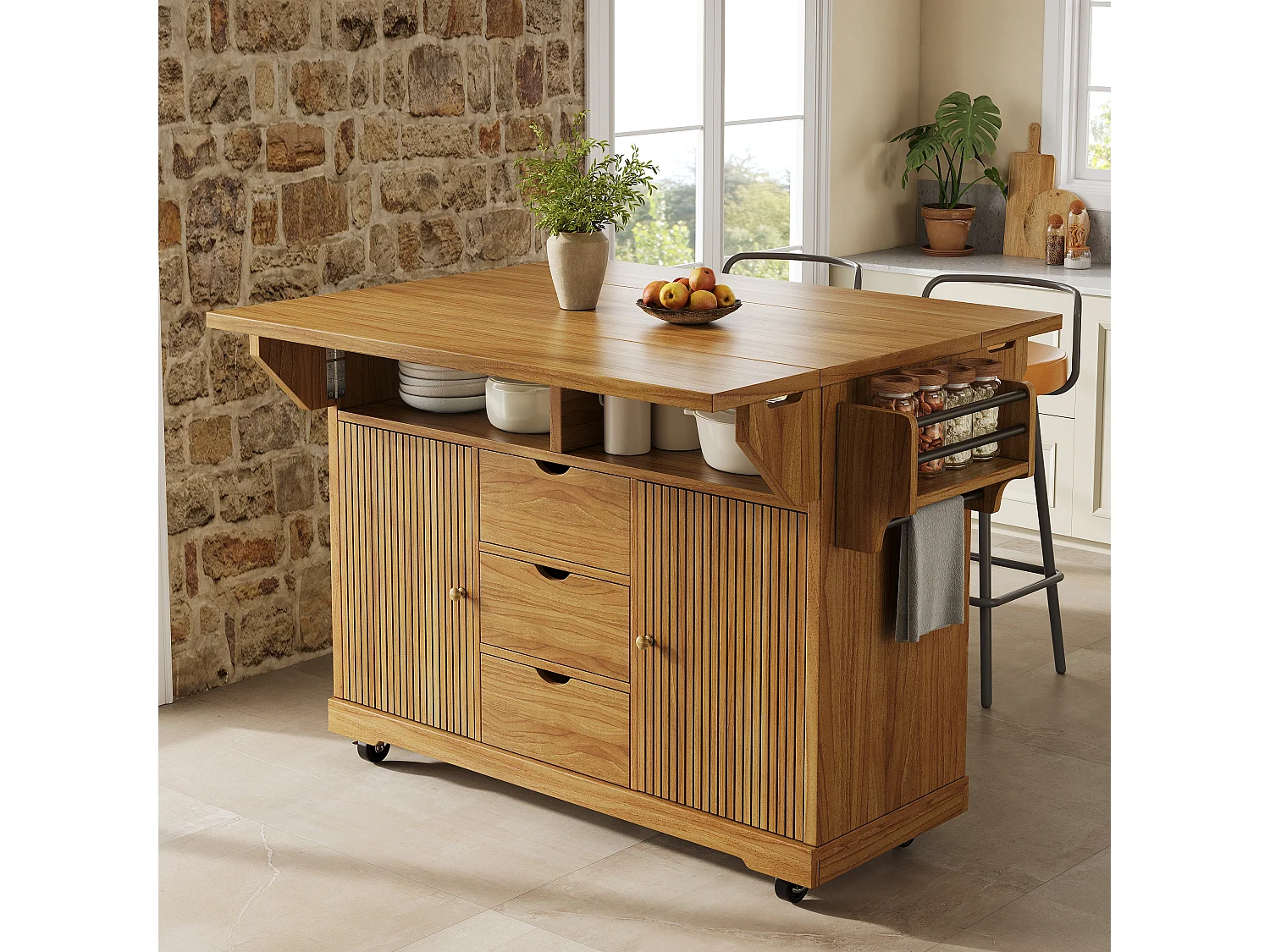 Keukentrolley met uitklapbare verlengstukken, 3 lades en vergrendelbare wielen - MDF en metaal - 142,5 × 80 × 95 cm - Bruin