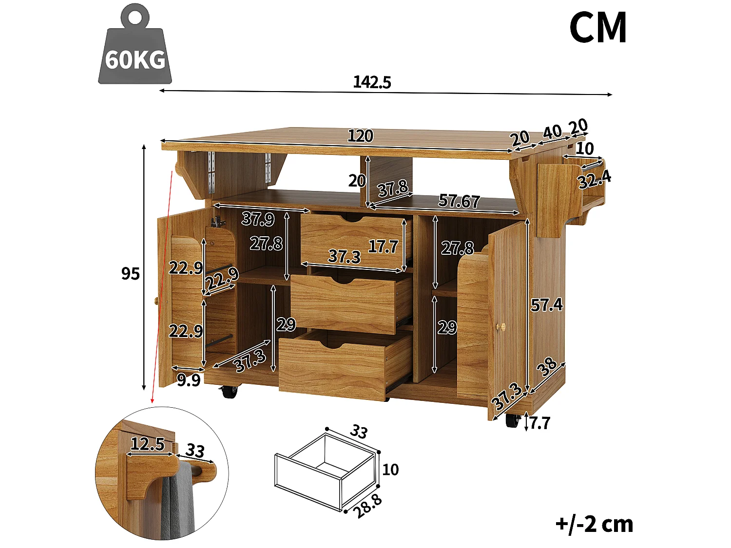 Keukentrolley met uitklapbare verlengstukken, 3 lades en vergrendelbare wielen - MDF en metaal - 142,5 × 80 × 95 cm - Bruin