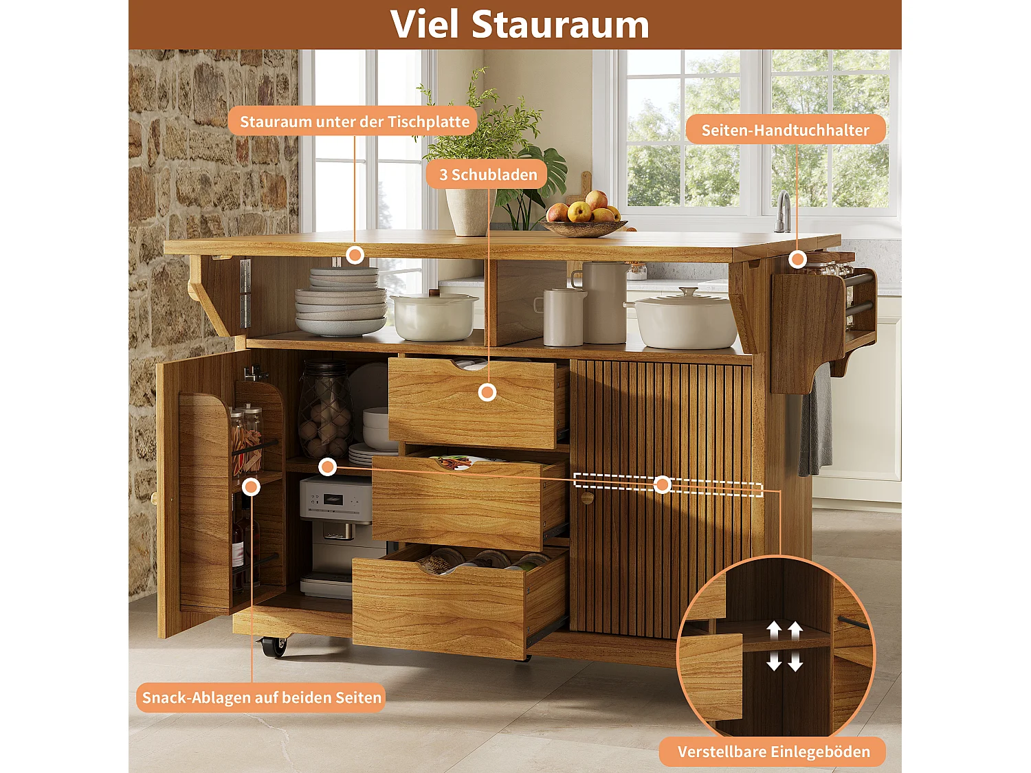 Keukentrolley met uitklapbare verlengstukken, 3 lades en vergrendelbare wielen - MDF en metaal - 142,5 × 80 × 95 cm - Bruin