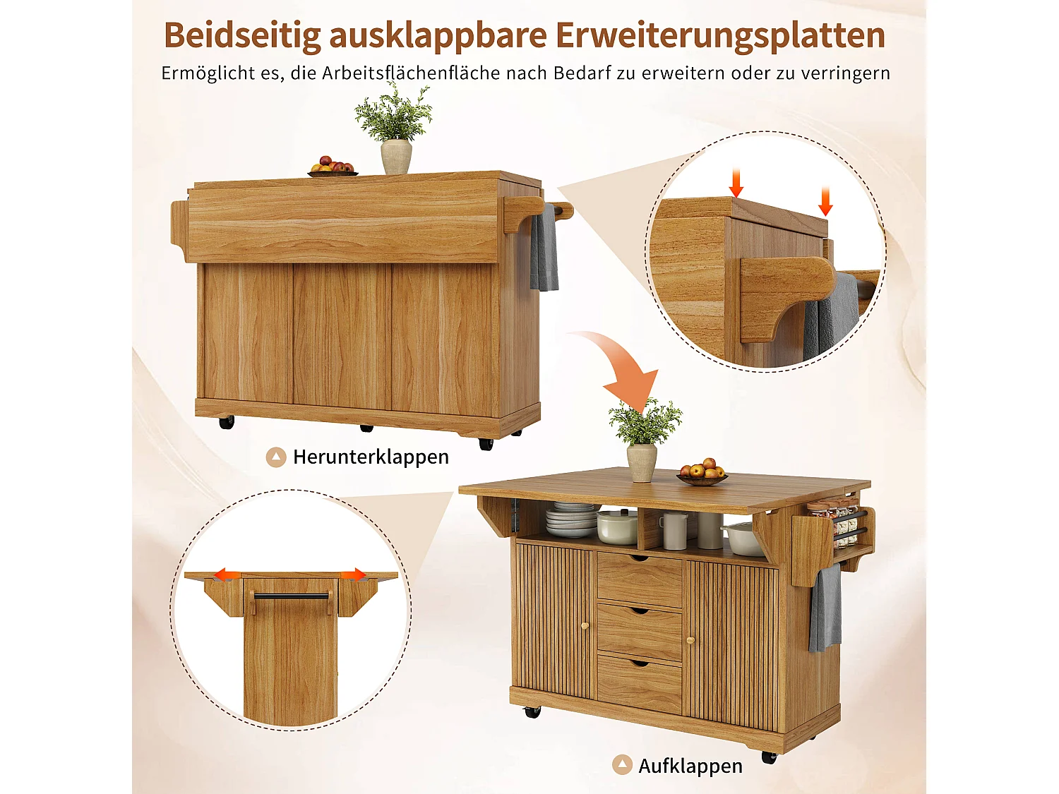 Keukentrolley met uitklapbare verlengstukken, 3 lades en vergrendelbare wielen - MDF en metaal - 142,5 × 80 × 95 cm - Bruin