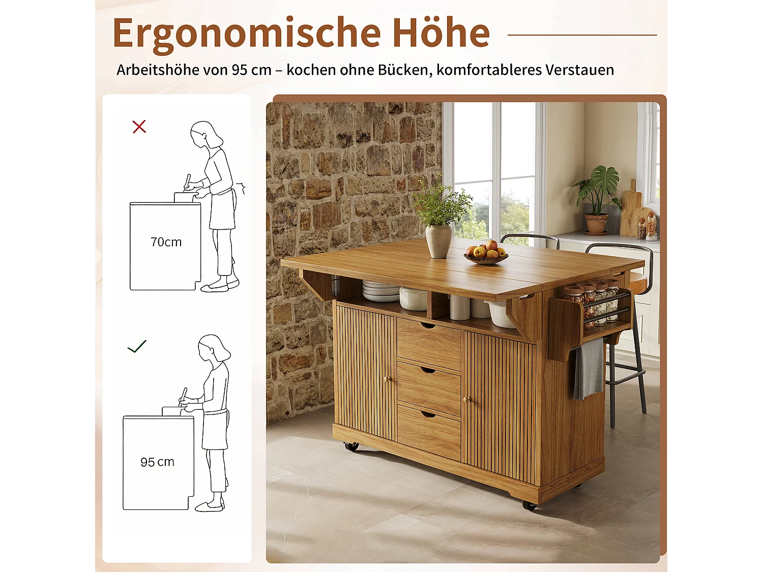 Keukentrolley met uitklapbare verlengstukken, 3 lades en vergrendelbare wielen - MDF en metaal - 142,5 × 80 × 95 cm - Bruin