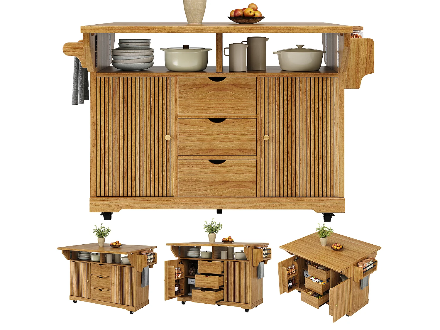Keukentrolley met uitklapbare verlengstukken, 3 lades en vergrendelbare wielen - MDF en metaal - 142,5 × 80 × 95 cm - Bruin
