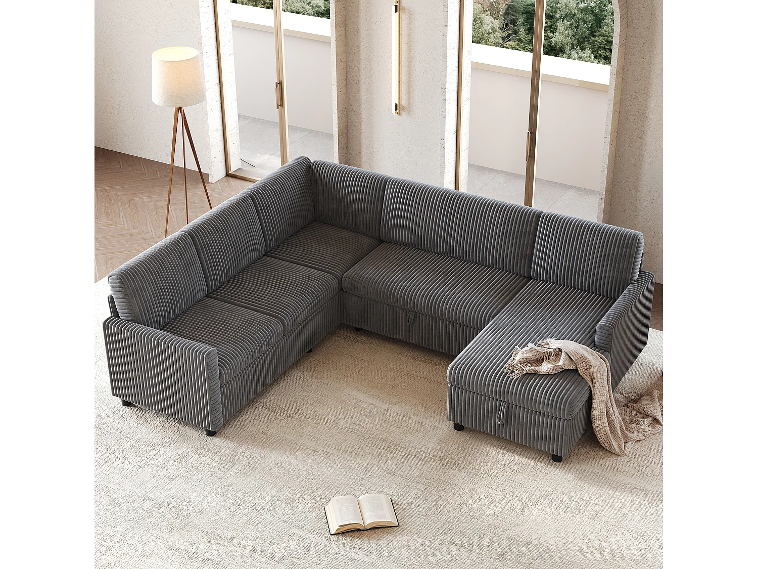 Divano angolare a forma di U con funzione letto e chaise longue contenitore – Velluto a coste – 274 x 220 x 85 cm – Grigio