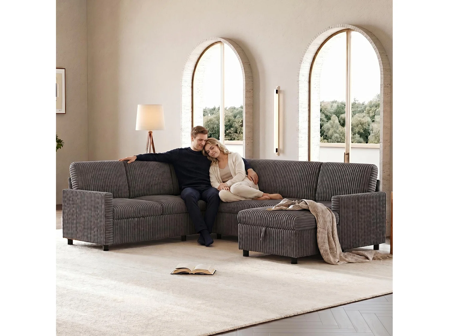 Divano angolare a forma di U con funzione letto e chaise longue contenitore – Velluto a coste – 274 x 220 x 85 cm – Grigio
