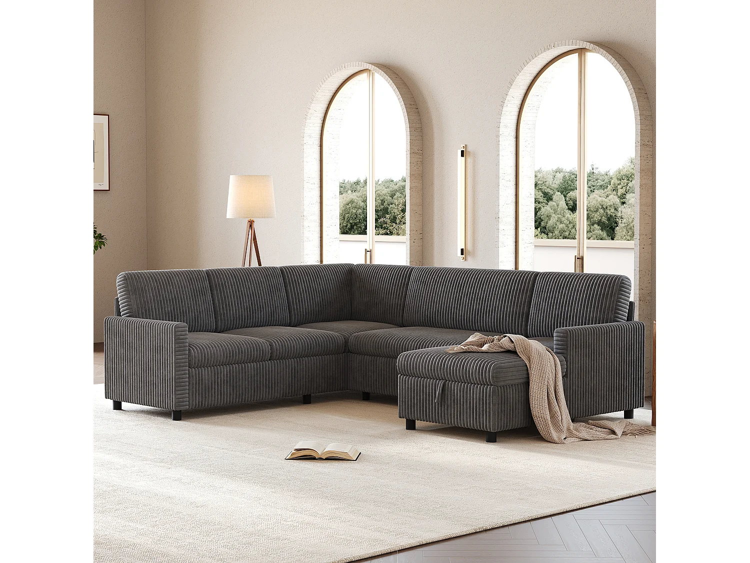 Divano angolare a forma di U con funzione letto e chaise longue contenitore – Velluto a coste – 274 x 220 x 85 cm – Grigio