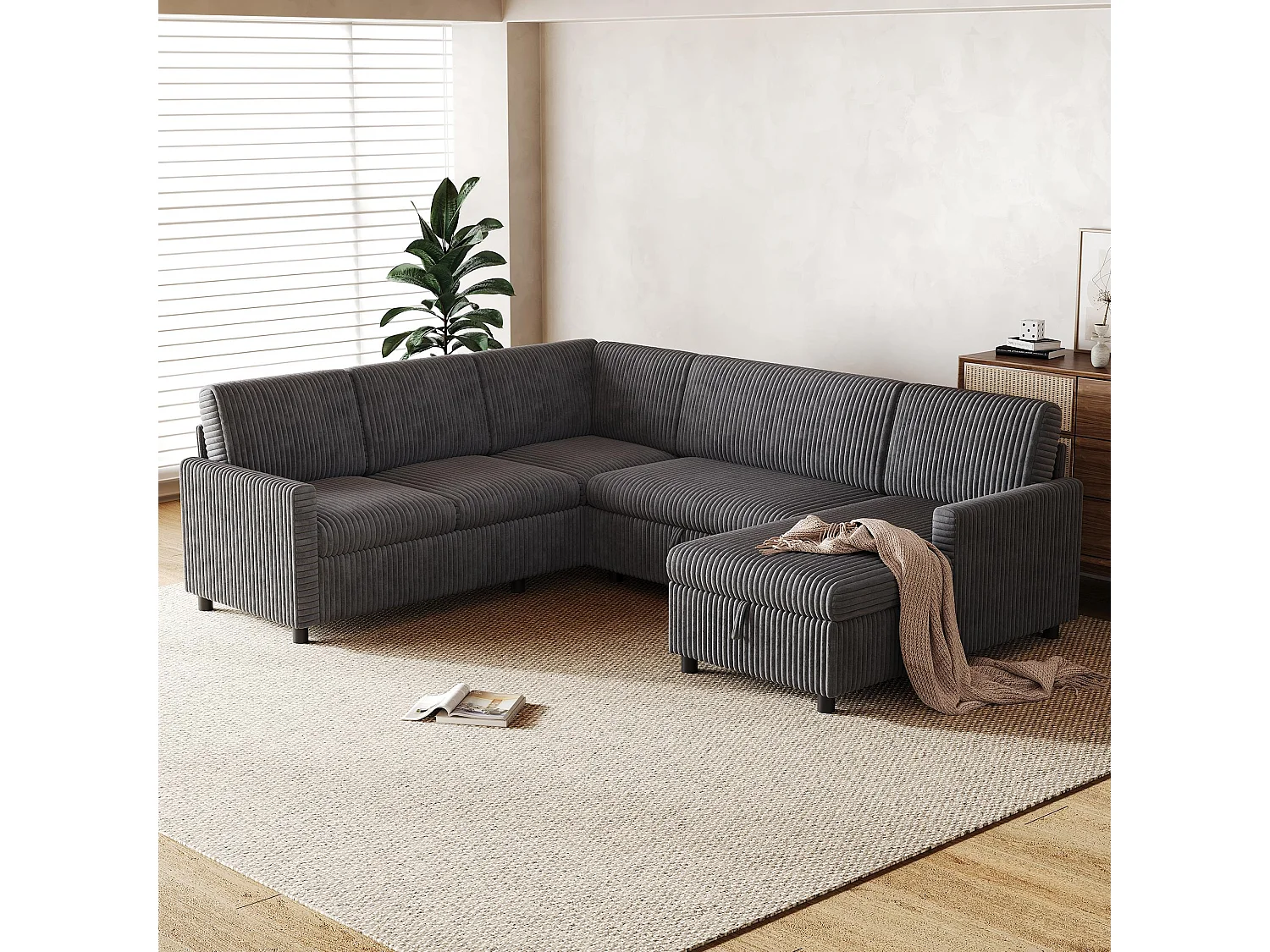 Divano angolare a forma di U con funzione letto e chaise longue contenitore – Velluto a coste – 274 x 220 x 85 cm – Grigio