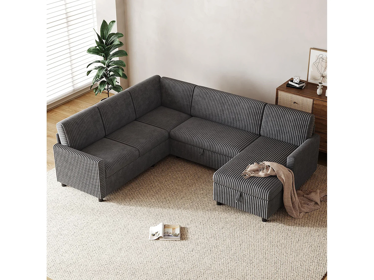 Divano angolare a forma di U con funzione letto e chaise longue contenitore – Velluto a coste – 274 x 220 x 85 cm – Grigio