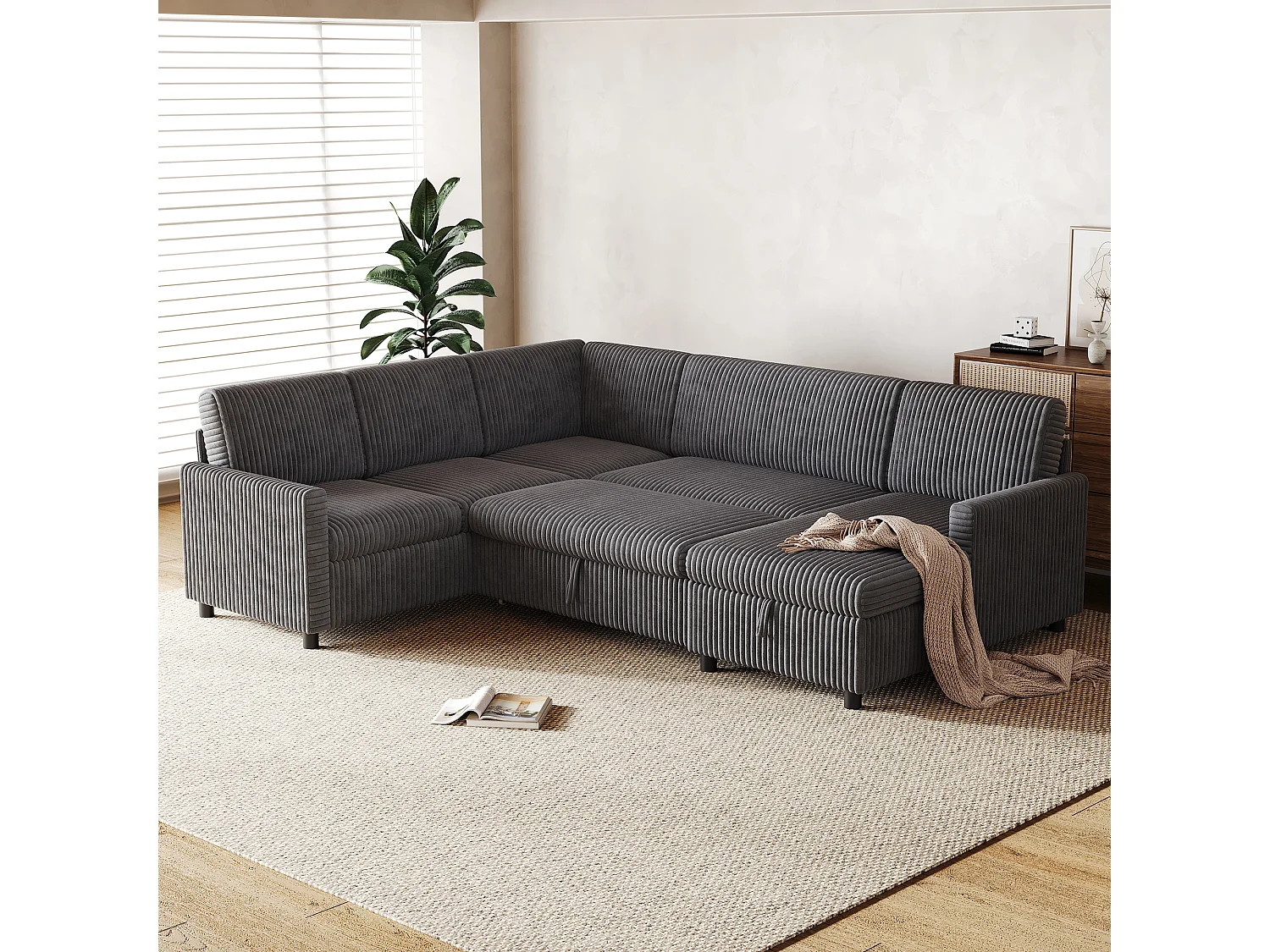 Divano angolare a forma di U con funzione letto e chaise longue contenitore – Velluto a coste – 274 x 220 x 85 cm – Grigio