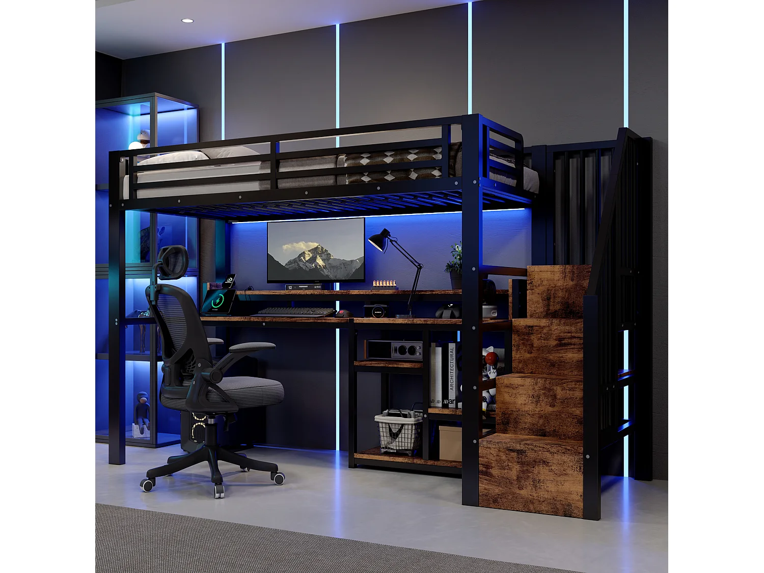 90 x 200 cm Metall-Hochbett mit Regalen, LED-Beleuchtung und USB- & Typ-C-Anschlüssen - Metall + MDF - Schwarz (Matratze nicht im Lieferumfang enthalten)