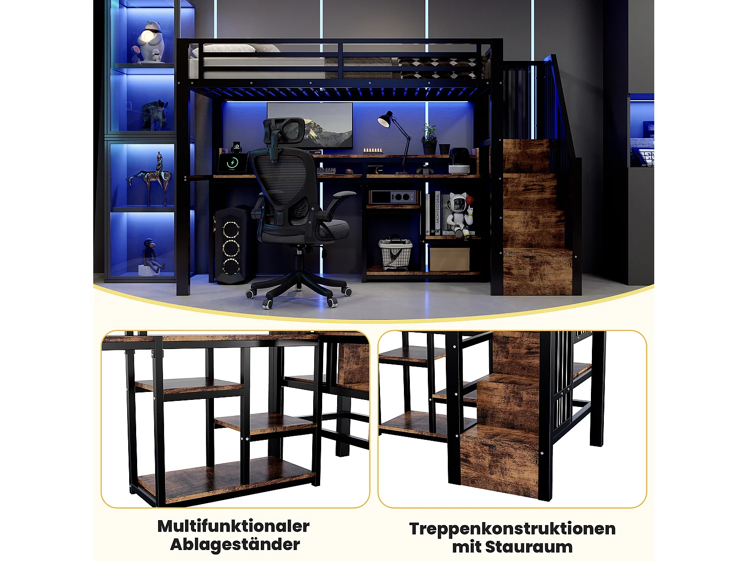 90 x 200 cm Metall-Hochbett mit Regalen, LED-Beleuchtung und USB- & Typ-C-Anschlüssen - Metall + MDF - Schwarz (Matratze nicht im Lieferumfang enthalten)