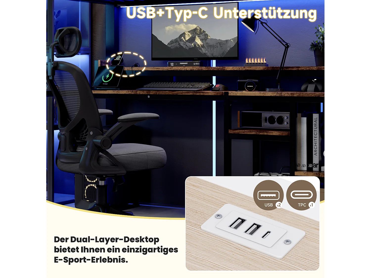 90 x 200 cm Metall-Hochbett mit Regalen, LED-Beleuchtung und USB- & Typ-C-Anschlüssen - Metall + MDF - Schwarz (Matratze nicht im Lieferumfang enthalten)