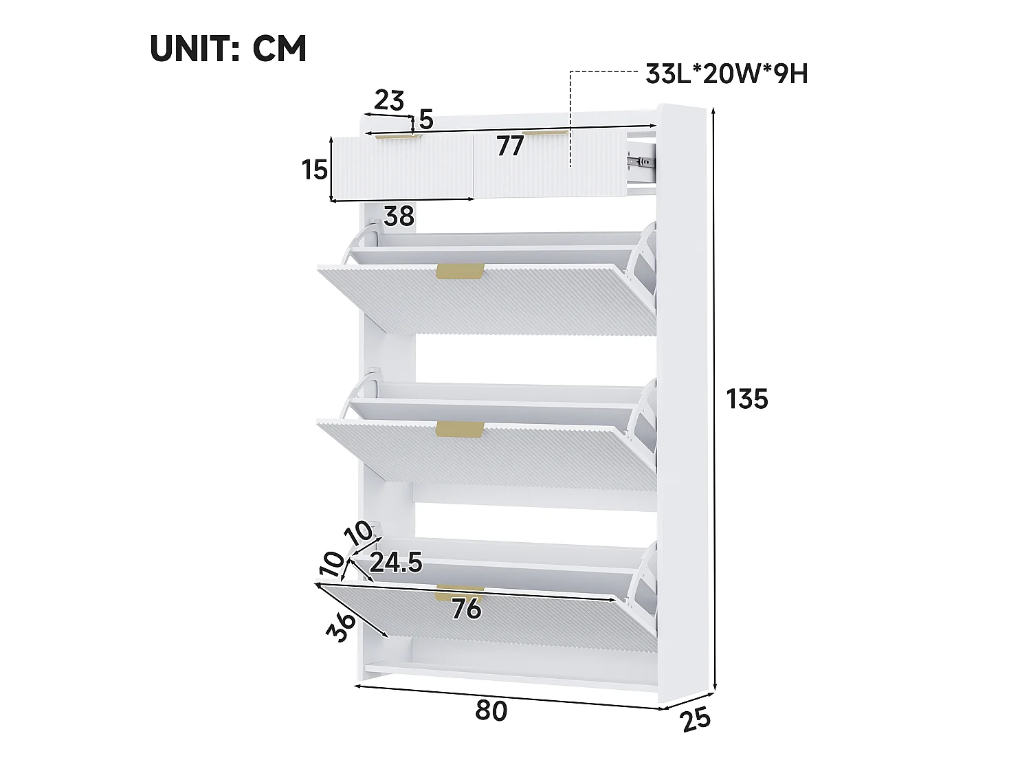 Schmaler Schuhschrank mit 3 Klapptüren und 2 Schubladen – Spanplatte – 80 x 25 x 135 cm – Weiß