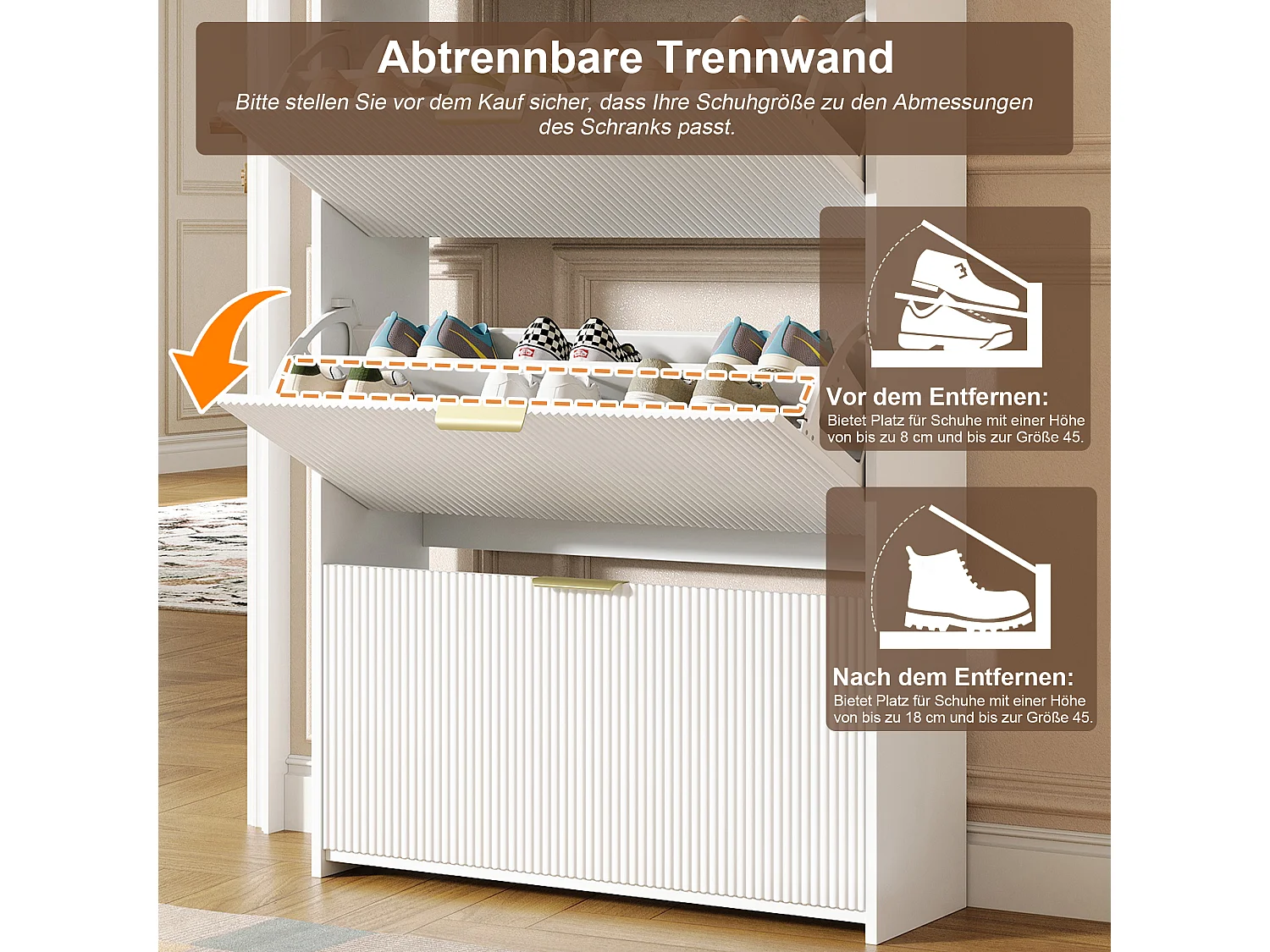Schmaler Schuhschrank mit 3 Klapptüren und 2 Schubladen – Spanplatte – 80 x 25 x 135 cm – Weiß
