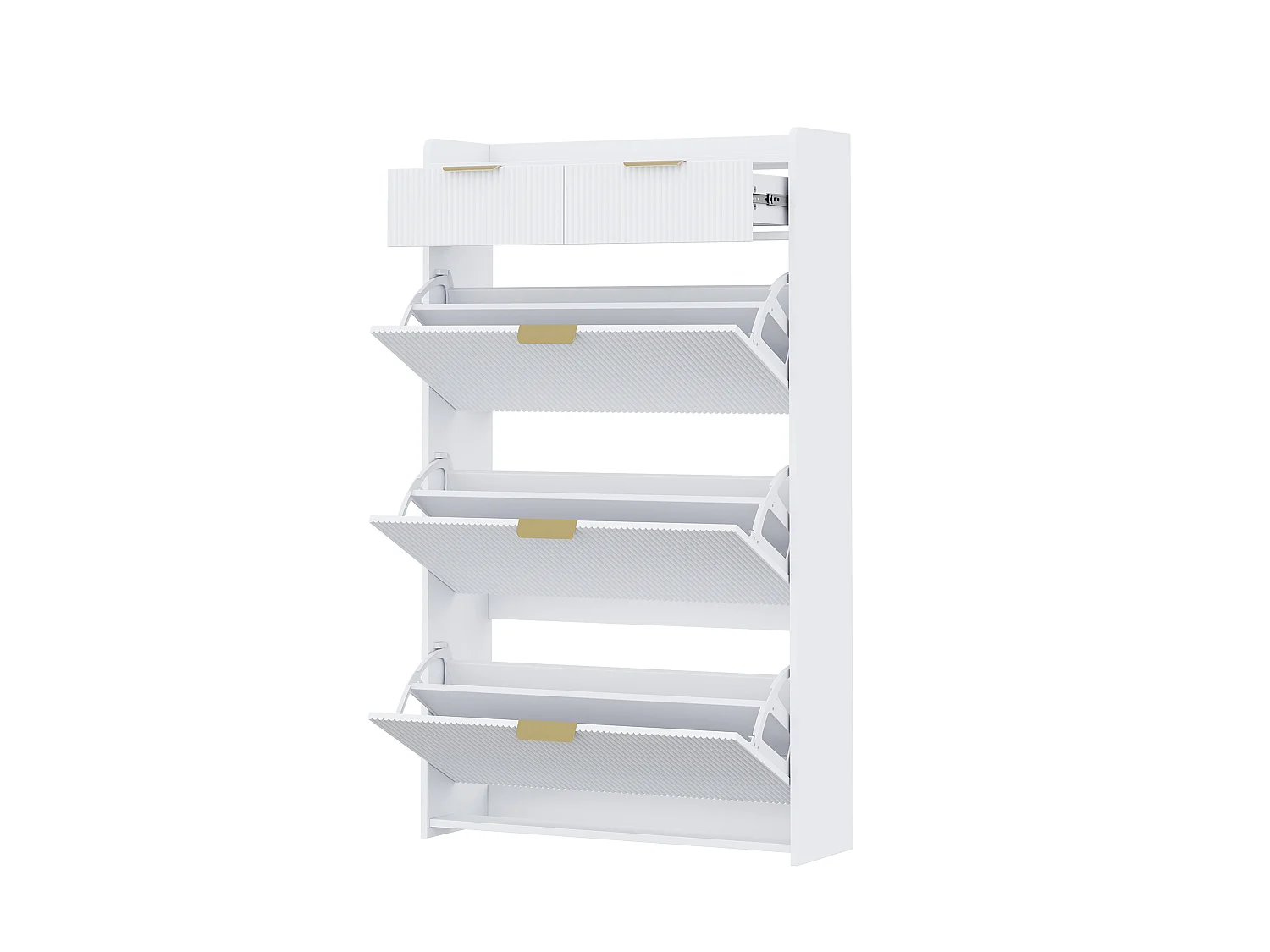 Schmaler Schuhschrank mit 3 Klapptüren und 2 Schubladen – Spanplatte – 80 x 25 x 135 cm – Weiß