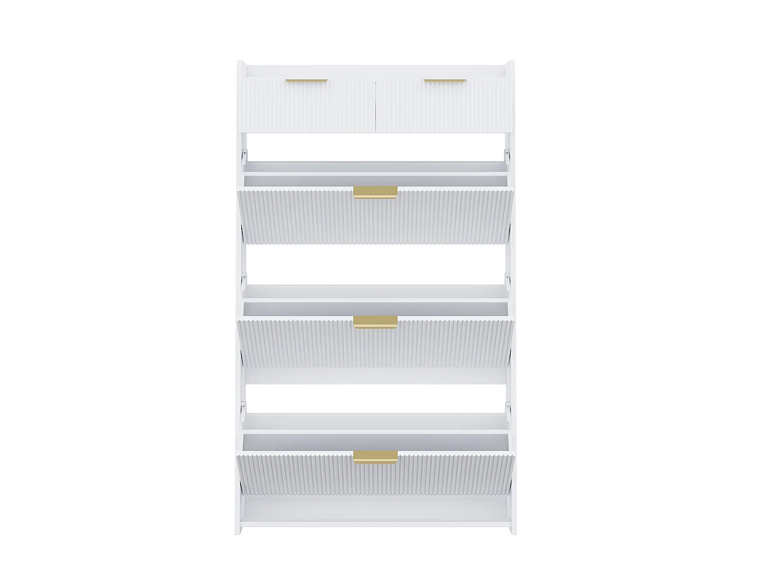 Schmaler Schuhschrank mit 3 Klapptüren und 2 Schubladen – Spanplatte – 80 x 25 x 135 cm – Weiß
