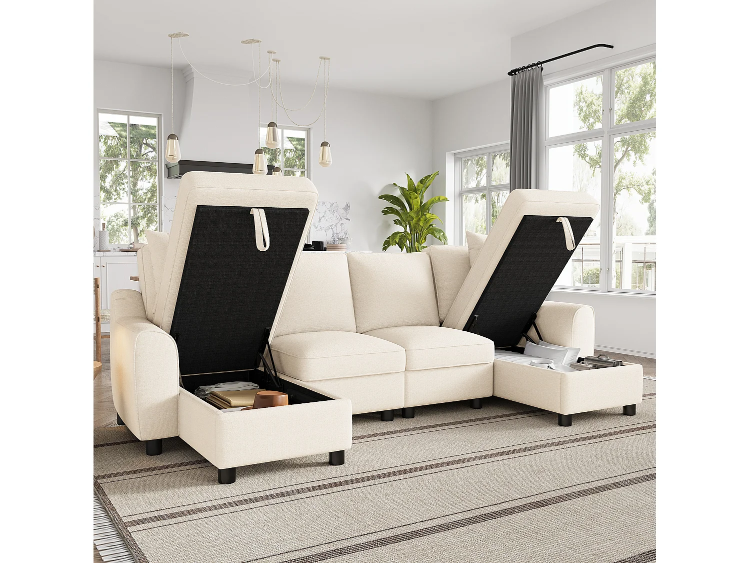 Divano angolare a forma di U con chaise longue contenitore e cuscini sfoderabili – Ciniglia – 280 x 137 x 84 cm - Beige