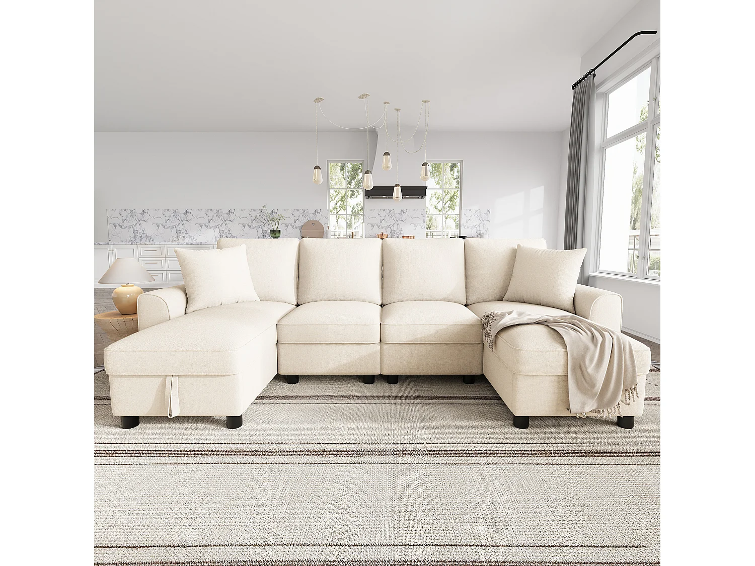 Divano angolare a forma di U con chaise longue contenitore e cuscini sfoderabili – Ciniglia – 280 x 137 x 84 cm - Beige