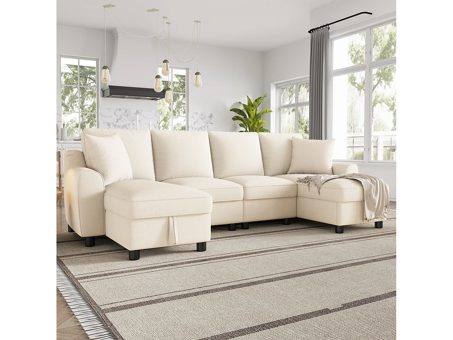 Divano angolare a forma di U con chaise longue contenitore e cuscini sfoderabili – Ciniglia – 280 x 137 x 84 cm - Beige