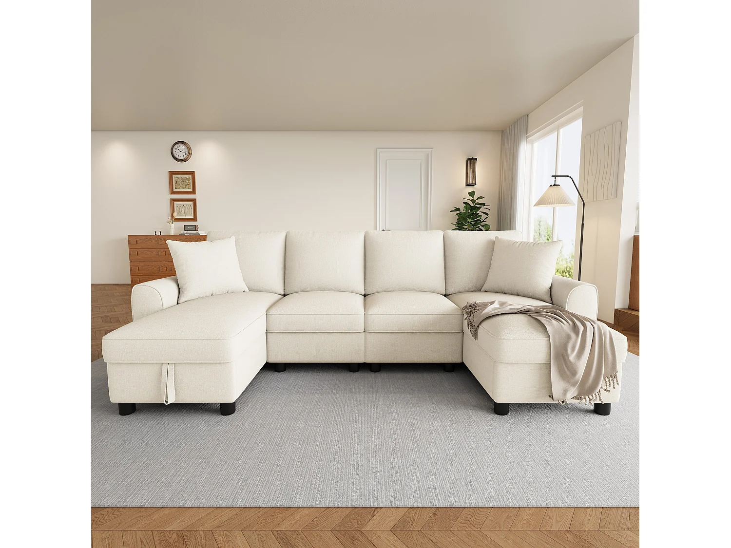 Divano angolare a forma di U con chaise longue contenitore e cuscini sfoderabili – Ciniglia – 280 x 137 x 84 cm - Beige