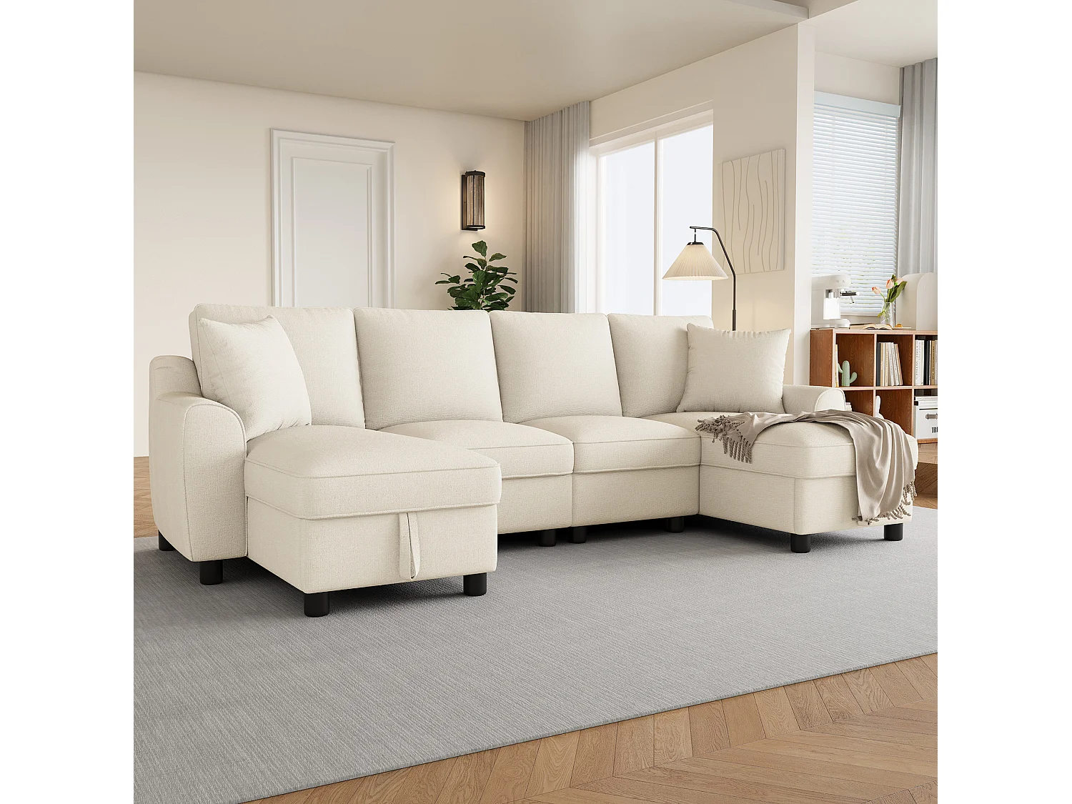 Divano angolare a forma di U con chaise longue contenitore e cuscini sfoderabili – Ciniglia – 280 x 137 x 84 cm - Beige