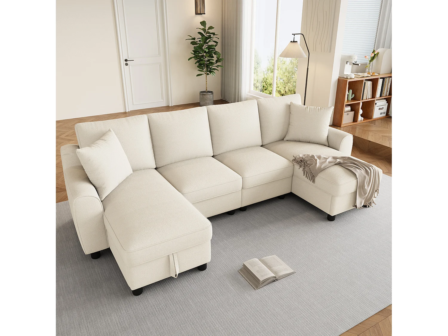 Divano angolare a forma di U con chaise longue contenitore e cuscini sfoderabili – Ciniglia – 280 x 137 x 84 cm - Beige