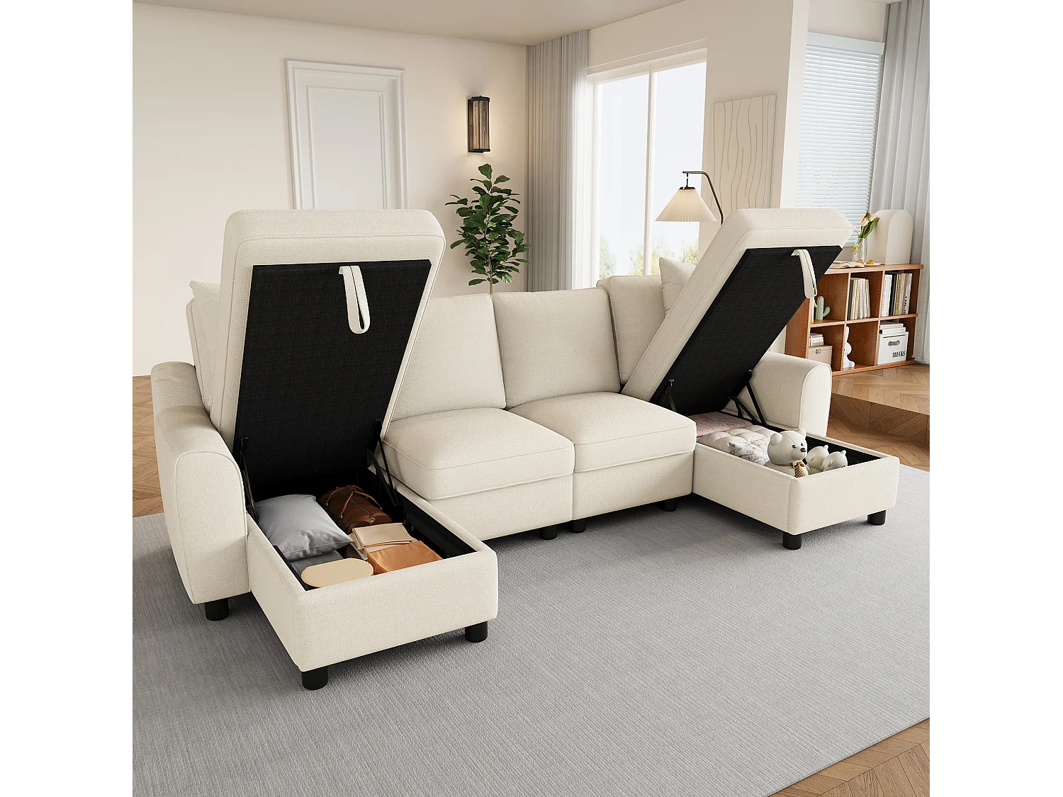 Divano angolare a forma di U con chaise longue contenitore e cuscini sfoderabili – Ciniglia – 280 x 137 x 84 cm - Beige