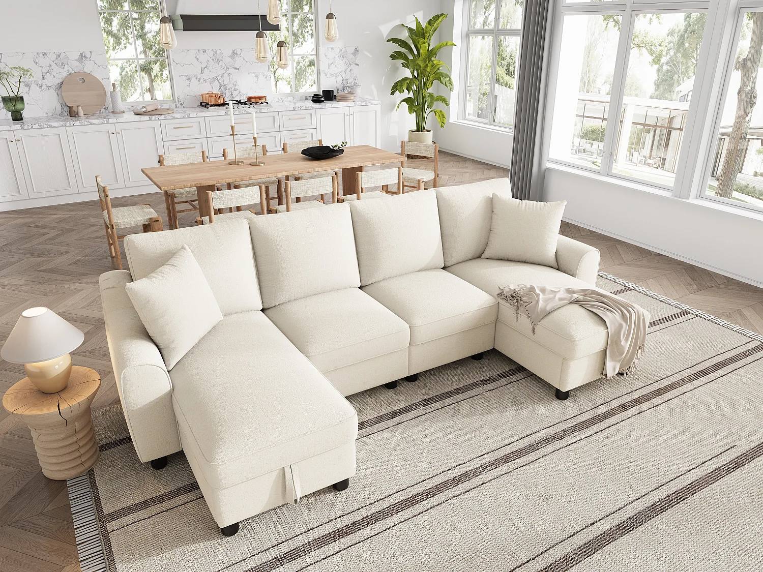 Divano angolare a forma di U con chaise longue contenitore e cuscini sfoderabili – Ciniglia – 280 x 137 x 84 cm - Beige