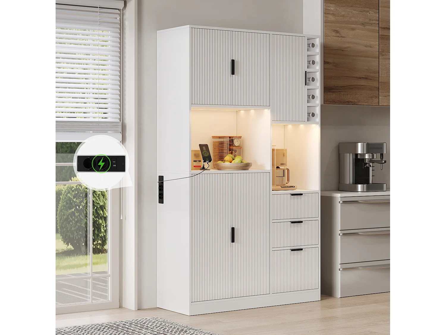 Keukendressoir met ledverlichting, USB/USB-C-poorten, flessenrek en verstelbare planken - 5 deuren en 3 lades - 105 x 40 x 180 cm - MDF - Wit