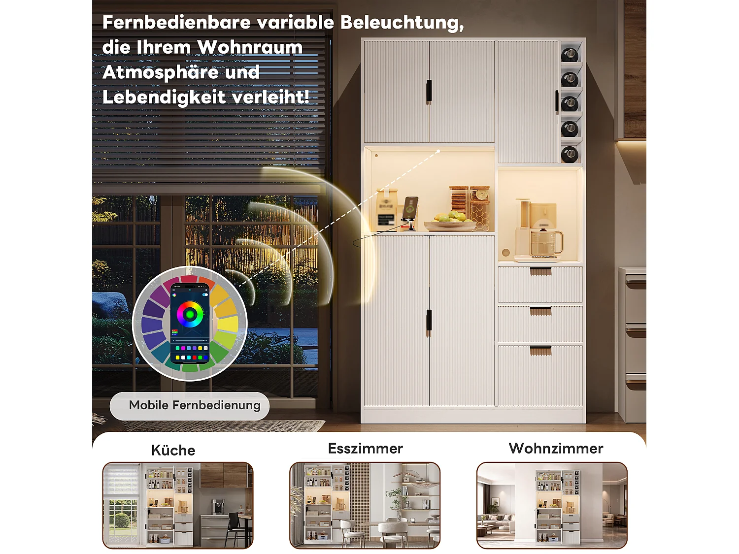 Keukendressoir met ledverlichting, USB/USB-C-poorten, flessenrek en verstelbare planken - 5 deuren en 3 lades - 105 x 40 x 180 cm - MDF - Wit
