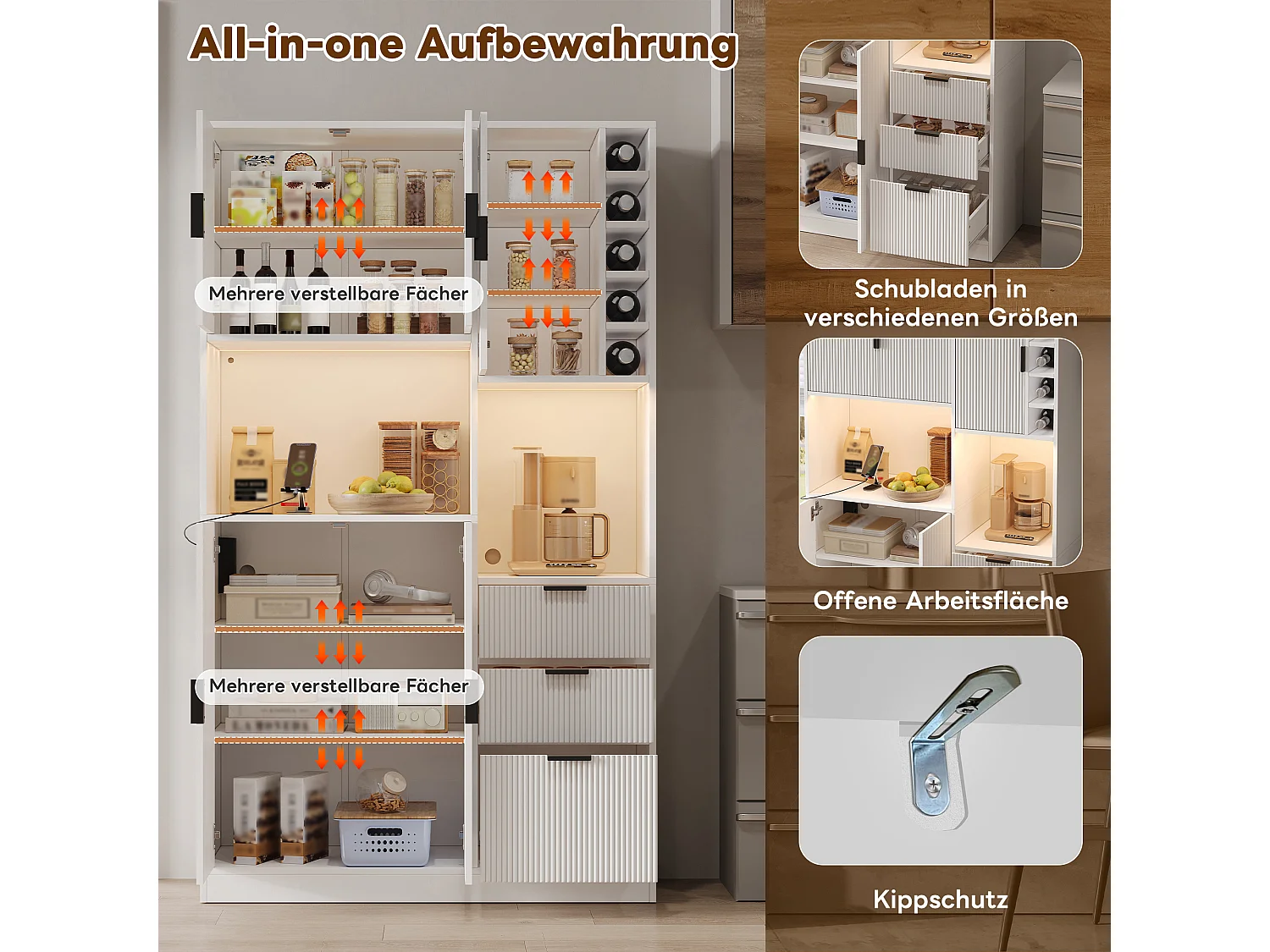 Keukendressoir met ledverlichting, USB/USB-C-poorten, flessenrek en verstelbare planken - 5 deuren en 3 lades - 105 x 40 x 180 cm - MDF - Wit