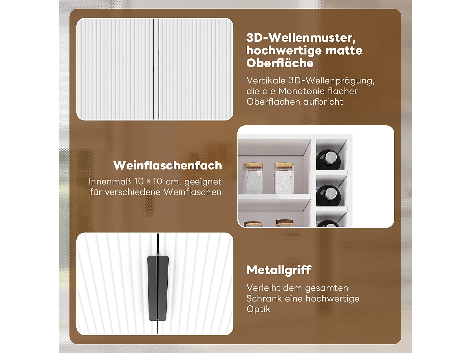 Keukendressoir met ledverlichting, USB/USB-C-poorten, flessenrek en verstelbare planken - 5 deuren en 3 lades - 105 x 40 x 180 cm - MDF - Wit