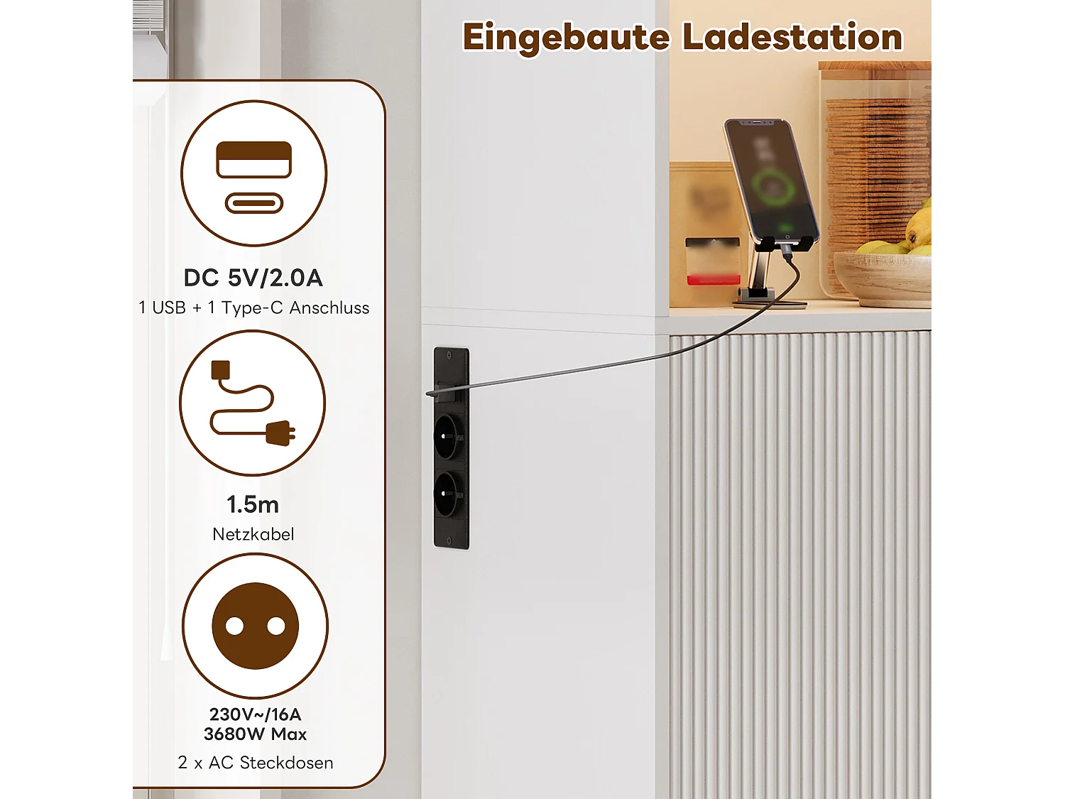 Keukendressoir met ledverlichting, USB/USB-C-poorten, flessenrek en verstelbare planken - 5 deuren en 3 lades - 105 x 40 x 180 cm - MDF - Wit
