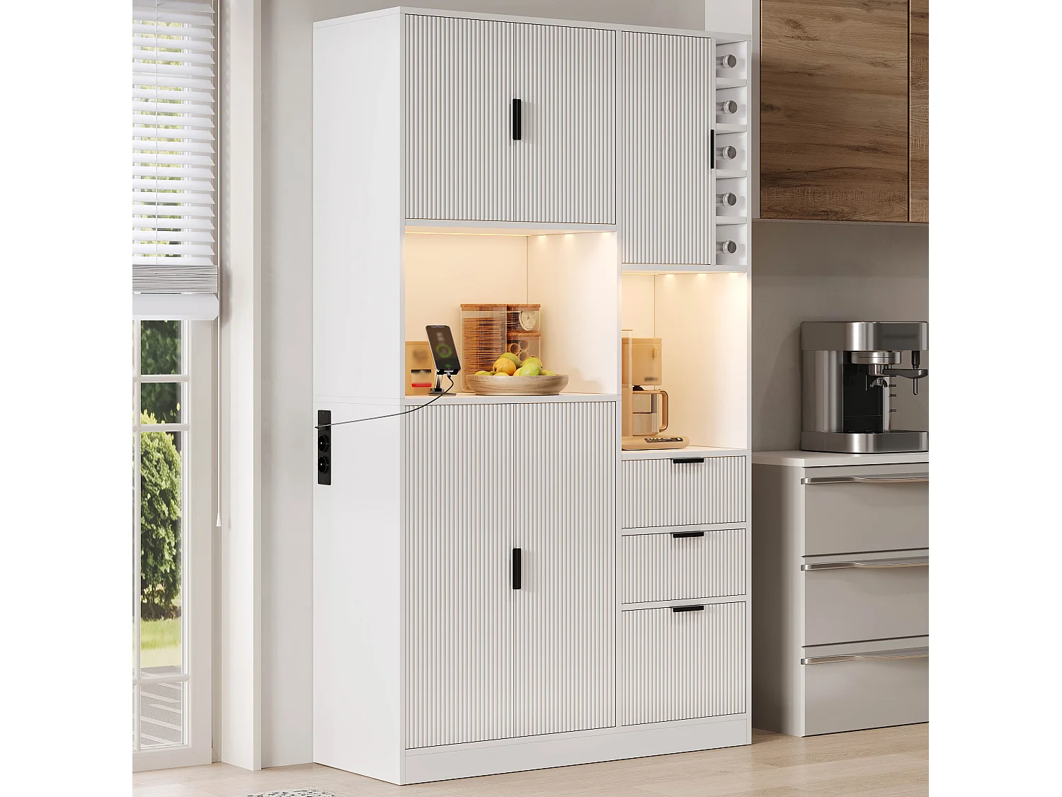 Keukendressoir met ledverlichting, USB/USB-C-poorten, flessenrek en verstelbare planken - 5 deuren en 3 lades - 105 x 40 x 180 cm - MDF - Wit