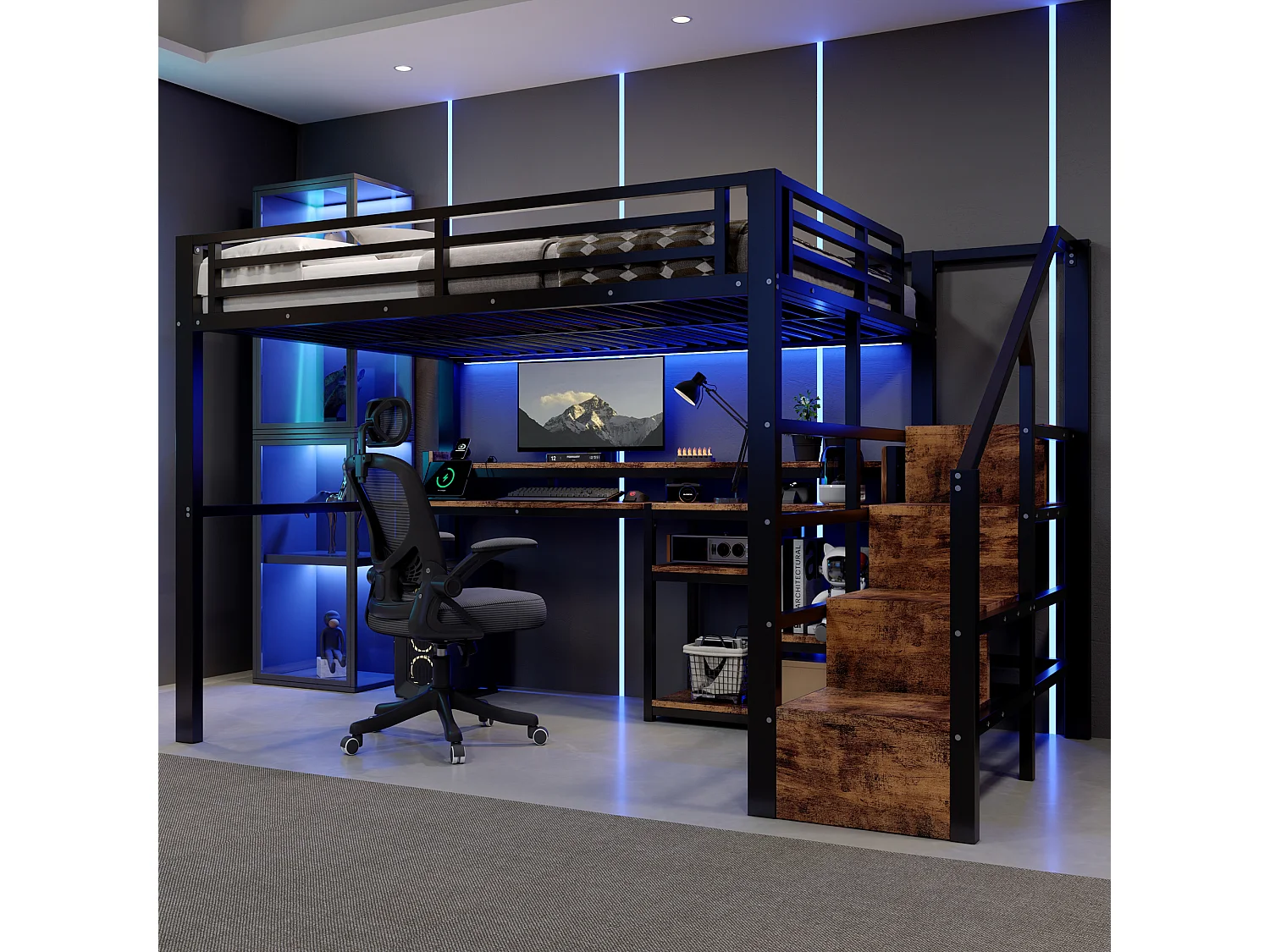 140 x 200 cm Metall-Hochbett mit Regalen, LED-Beleuchtung und USB- & Typ-C-Anschlüssen - Metall + MDF - Schwarz (Matratze nicht im Lieferumfang enthalten)
