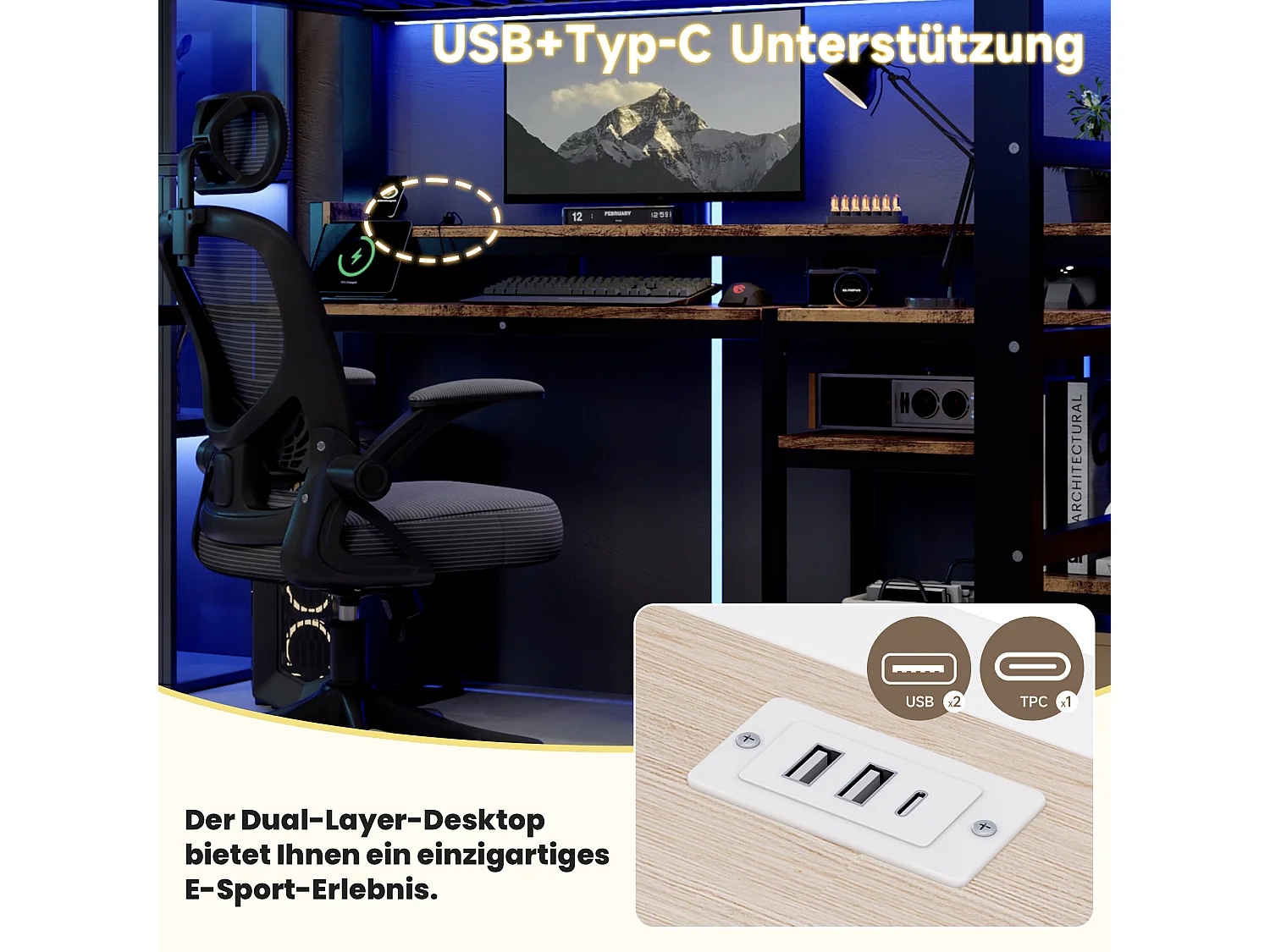 140 x 200 cm Metall-Hochbett mit Regalen, LED-Beleuchtung und USB- & Typ-C-Anschlüssen - Metall + MDF - Schwarz (Matratze nicht im Lieferumfang enthalten)
